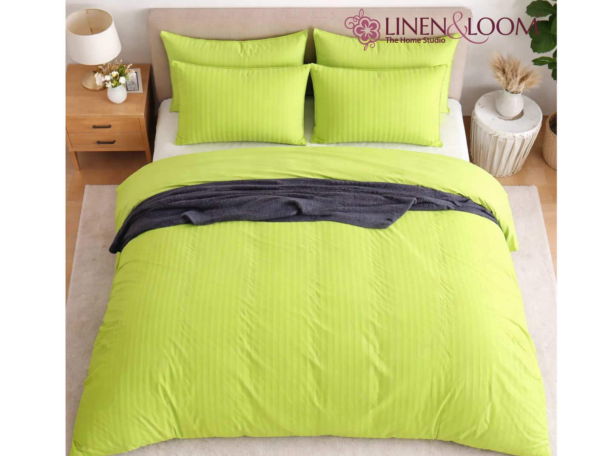 Neon green - Linen & Loom Elegance Series Super King Size Bedsheet with 2 Pillow Covers | Luxury Striped Cotton Blend Bedsheet Set 200 TC | Soft, Breathable & Hotel-Style Finish (108 x 108 inches)