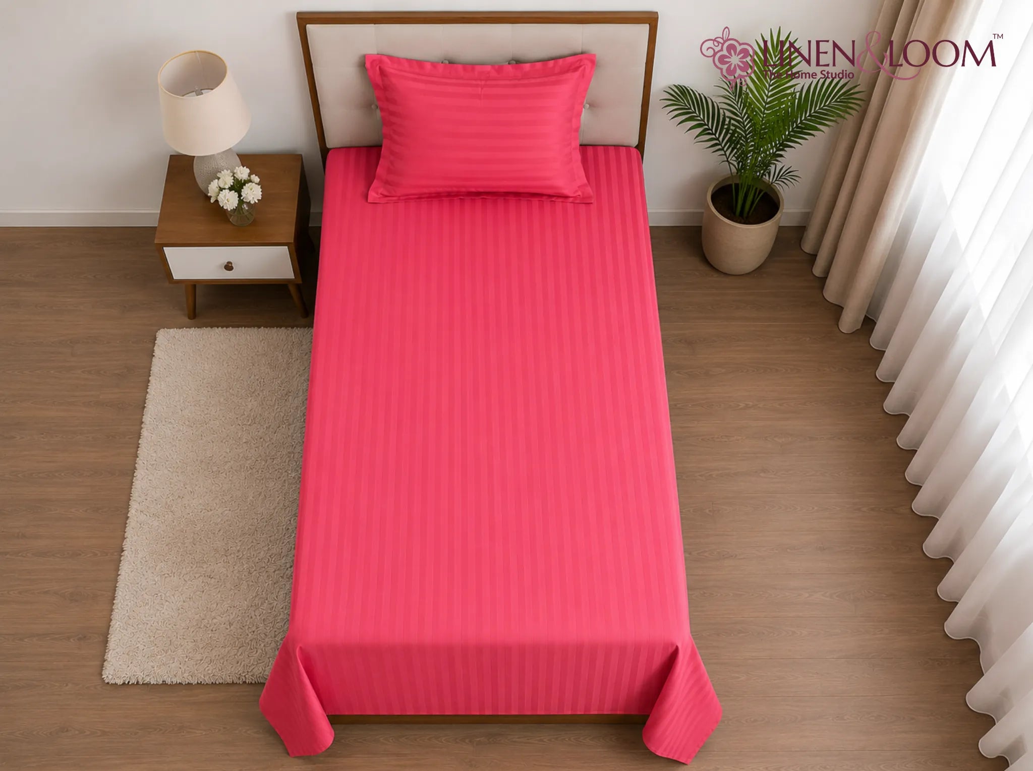 Flamingo Pink - Linen & Loom Elegance Series (60x90 inches) Bedsheet with 1 Pillow Cover | Luxury Striped Cotton Blend Bedsheet Set | Soft, Breathable & Hotel-Style Finish | TC 200