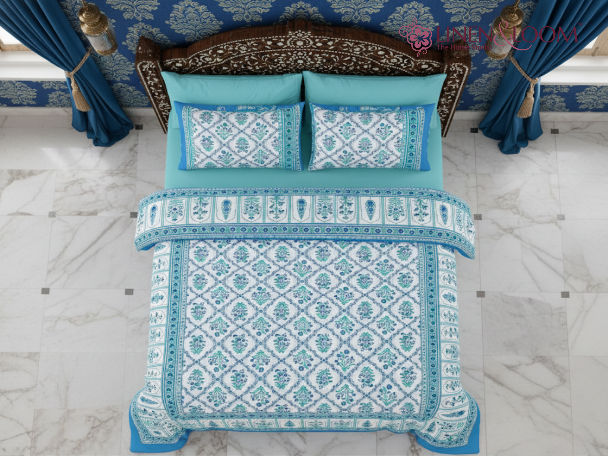 Indigo Rani — Linen & Loom Maharani Motifs Premium 100% Pure Cotton King Size (90x108) Double Bed Bedsheet with 2 Pillow Covers || Floral Printed Elegant Bedroom Bedding Set || 240 TC