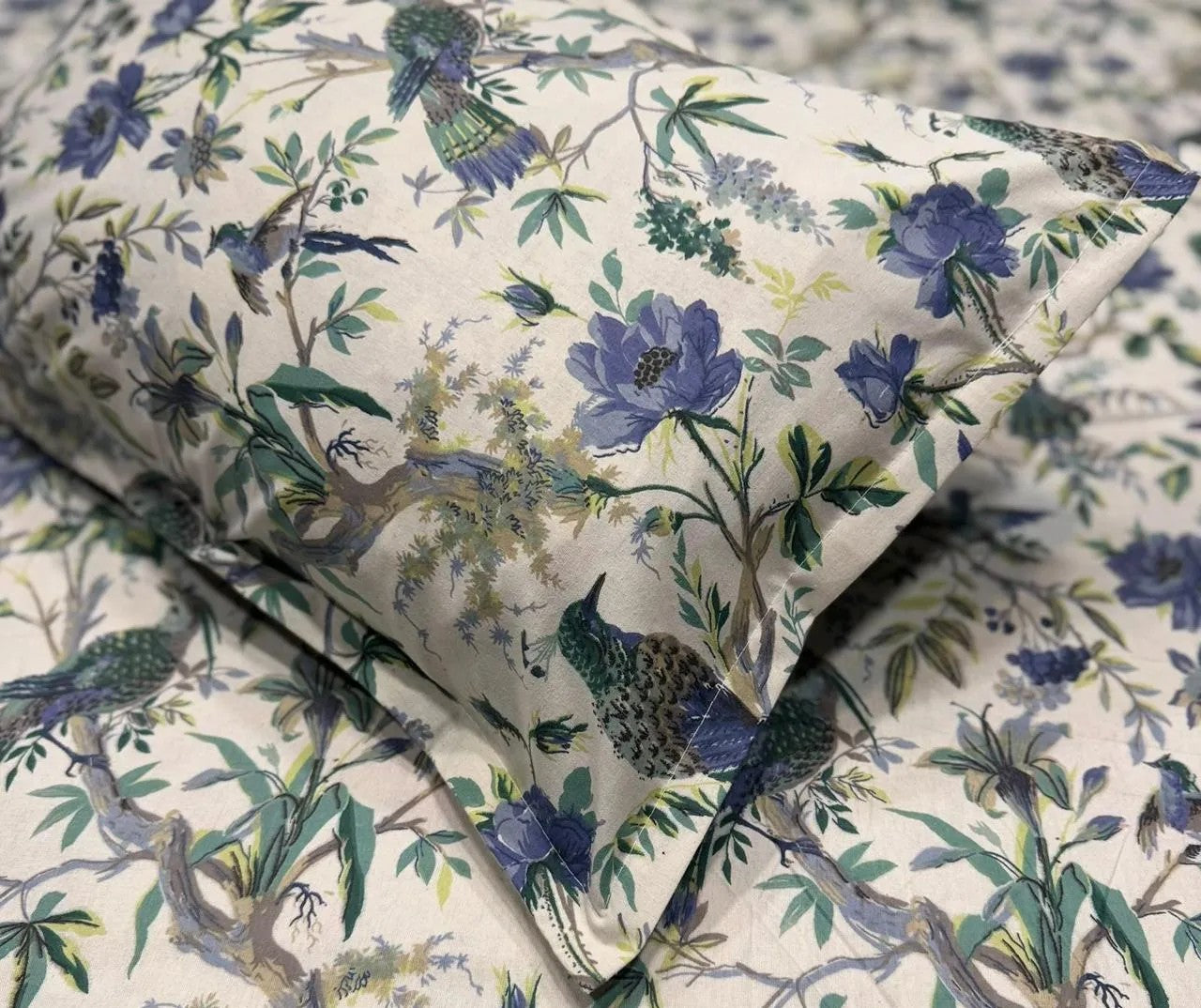 Bluebird Meadow - Linen & Loom The Natural Collection - 100% Pure Cotton Single Bedsheet (60 x 90 Inches) with 1 Pillow Cover | 240 TC - Soft & Breathable Cotton Bed Sheet for Bedroom
