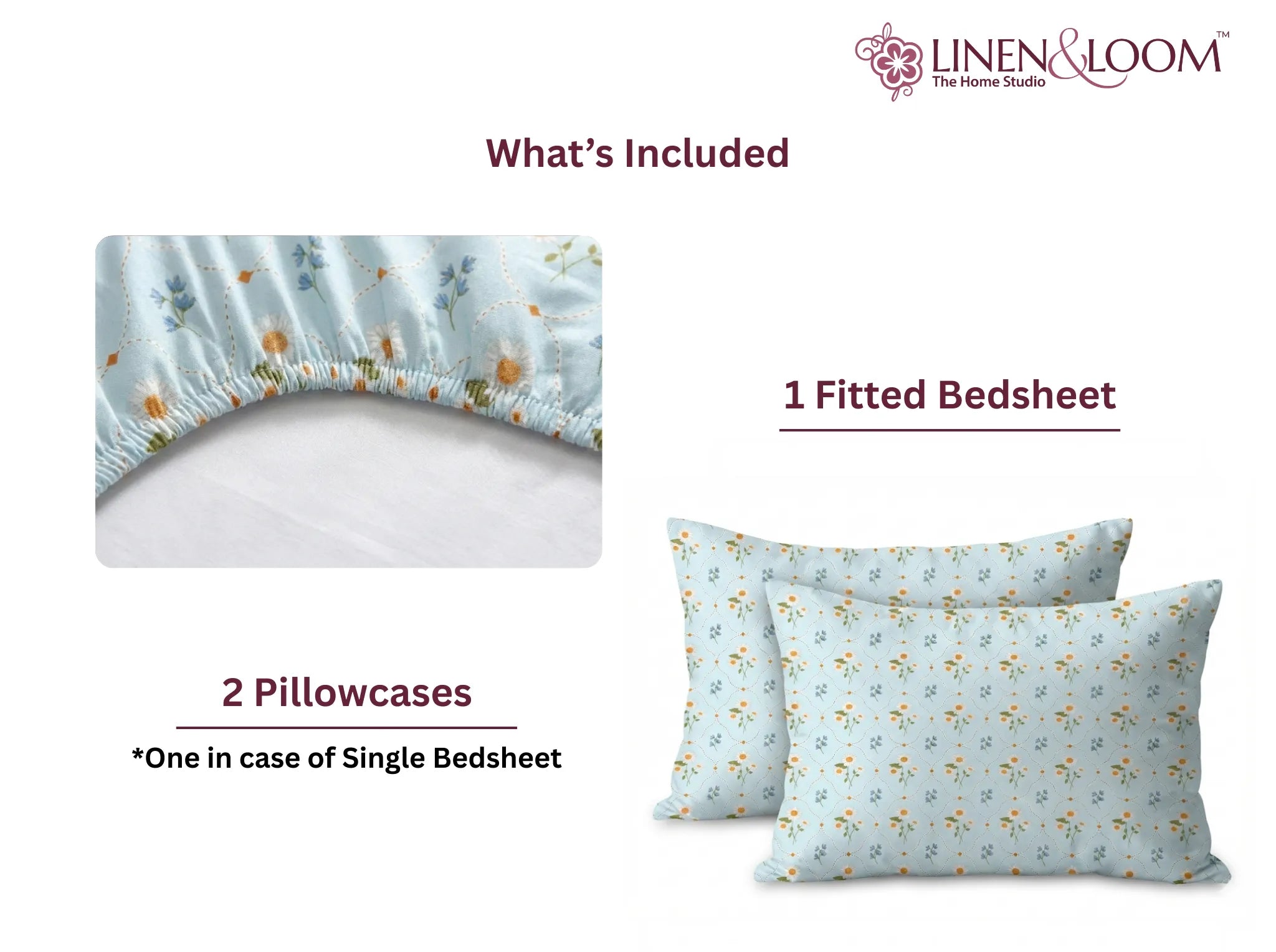 Daisy Dream - Linen & Loom Pure Comfort Series 360° Elastic Fitted Bedsheet | Soft and Comfortable Bed Linen Set for a Cozy Bedroom | 200 TC | King Size 72x78 inches + 9 inches