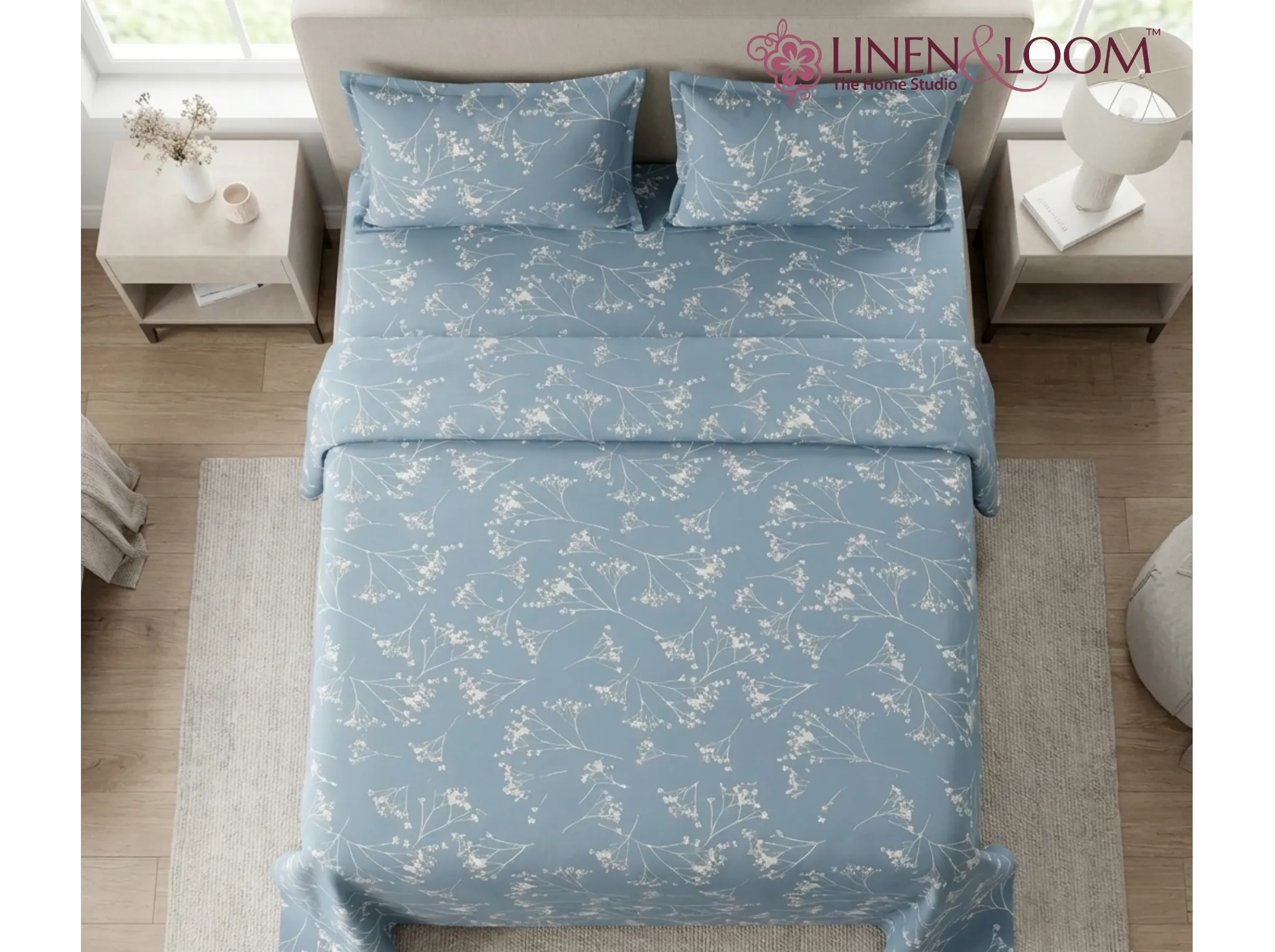 Tranquil Blue Sprigs - Linen & Loom Serenity Series Super King Size (108x108 inches) Double Bedsheet with 2 Pillow Covers || Soft Breathable Cotton Feel Bedding Set with Elegant Geometric Design || TC 240
