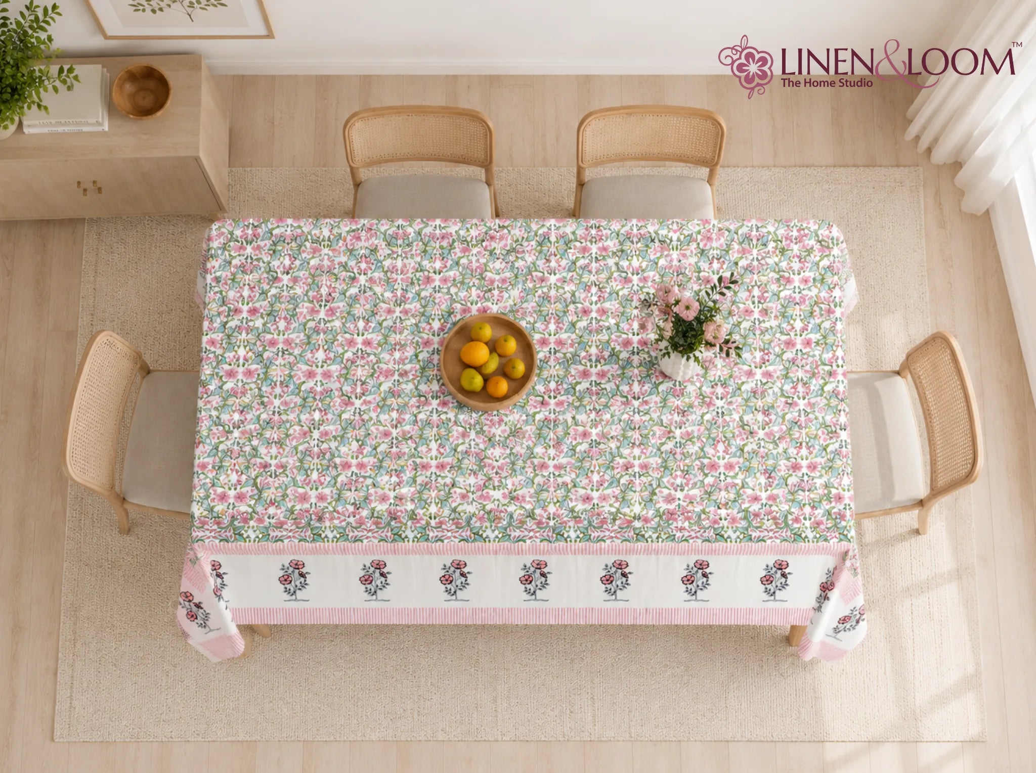 Rose Meadow - Linen & Loom Rajwada Heritage 6-Seater Table Cover | 100% Premium Cotton Slub | 200 TC | 160 GSM | 1.5 x 2.25 Meters