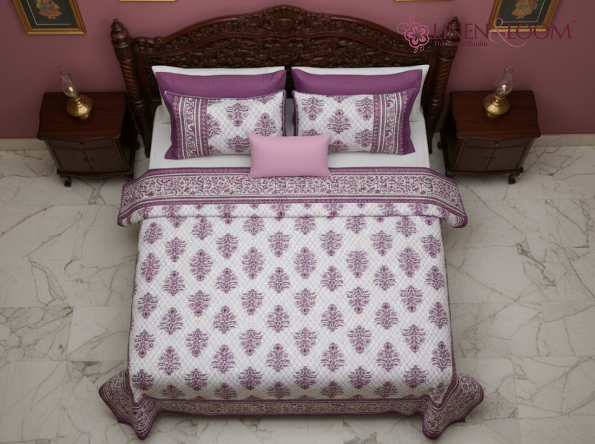 Darbar Elegance - Puple — Linen & Loom Jaipur Heritage Super King Size (108 x 108 inches) 100% Pure Cotton Bedsheet with 2 Pillow Covers | Soft & Breathable Bed Cover for Home Decor | 240 TC