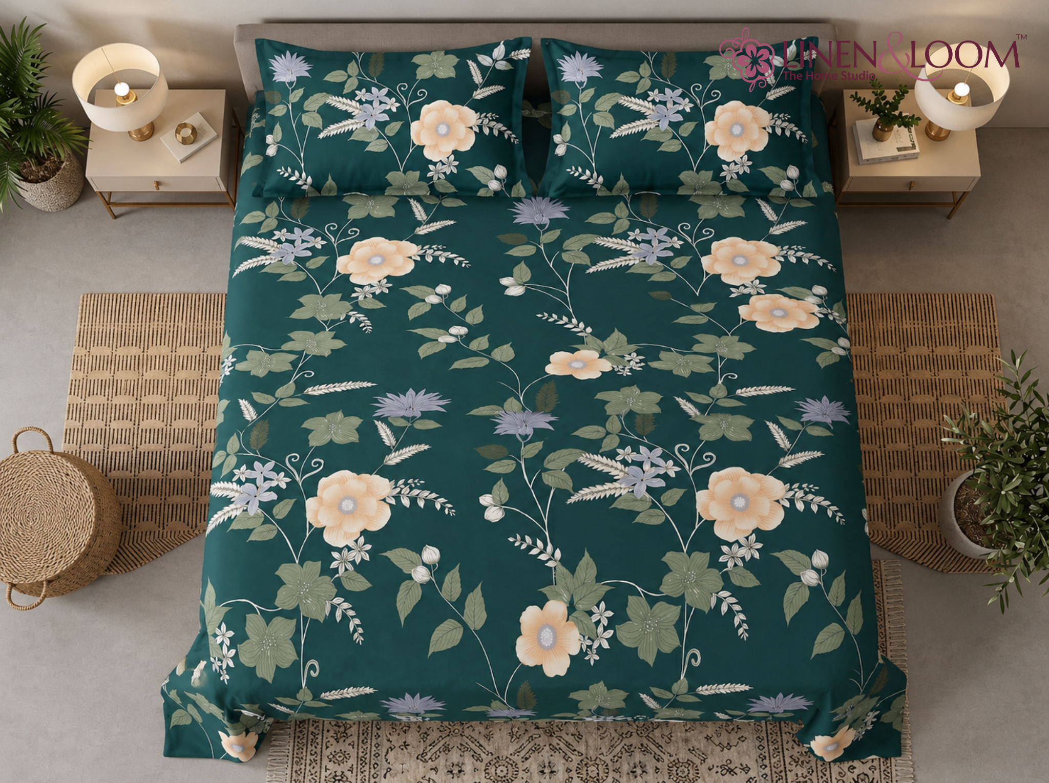 Jade Blossom - Urban Bloom Poly-Cotton Queen Size Bedsheet Set (90x100 Inches) with 2 Matching Pillow Covers - Wrinkle-Free Comfort