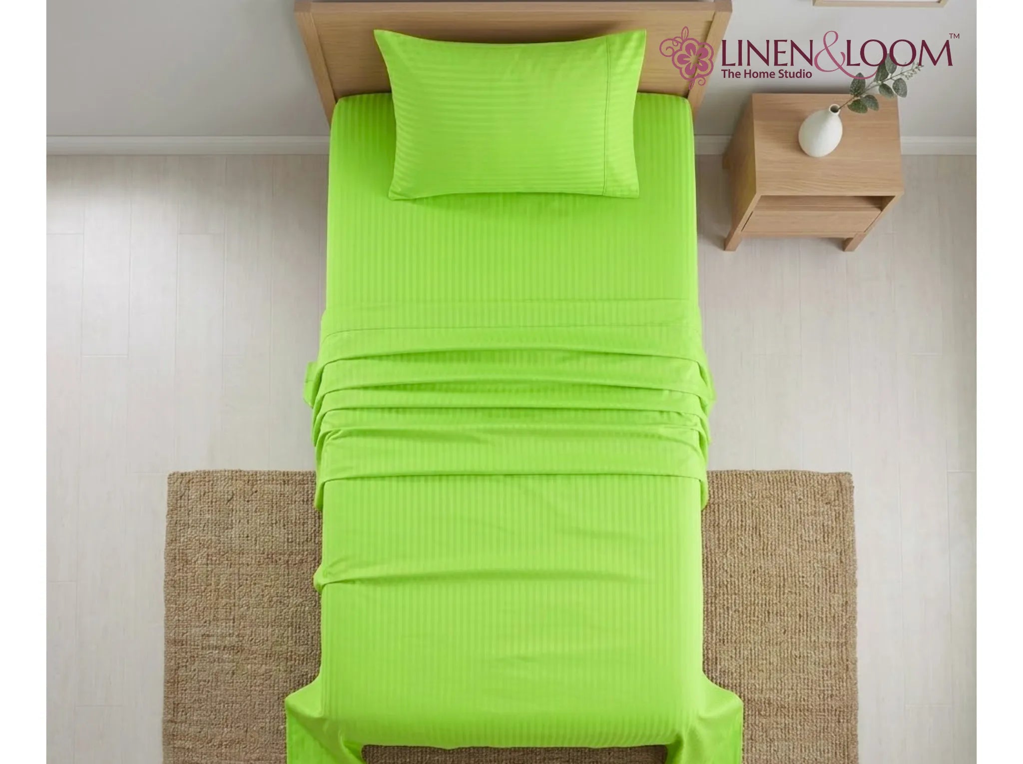 Neon Green - Linen & Loom Elegance Series (60x90 inches) Bedsheet with 1 Pillow Cover | Luxury Striped Cotton Blend Bedsheet Set | Soft, Breathable & Hotel-Style Finish | TC 200