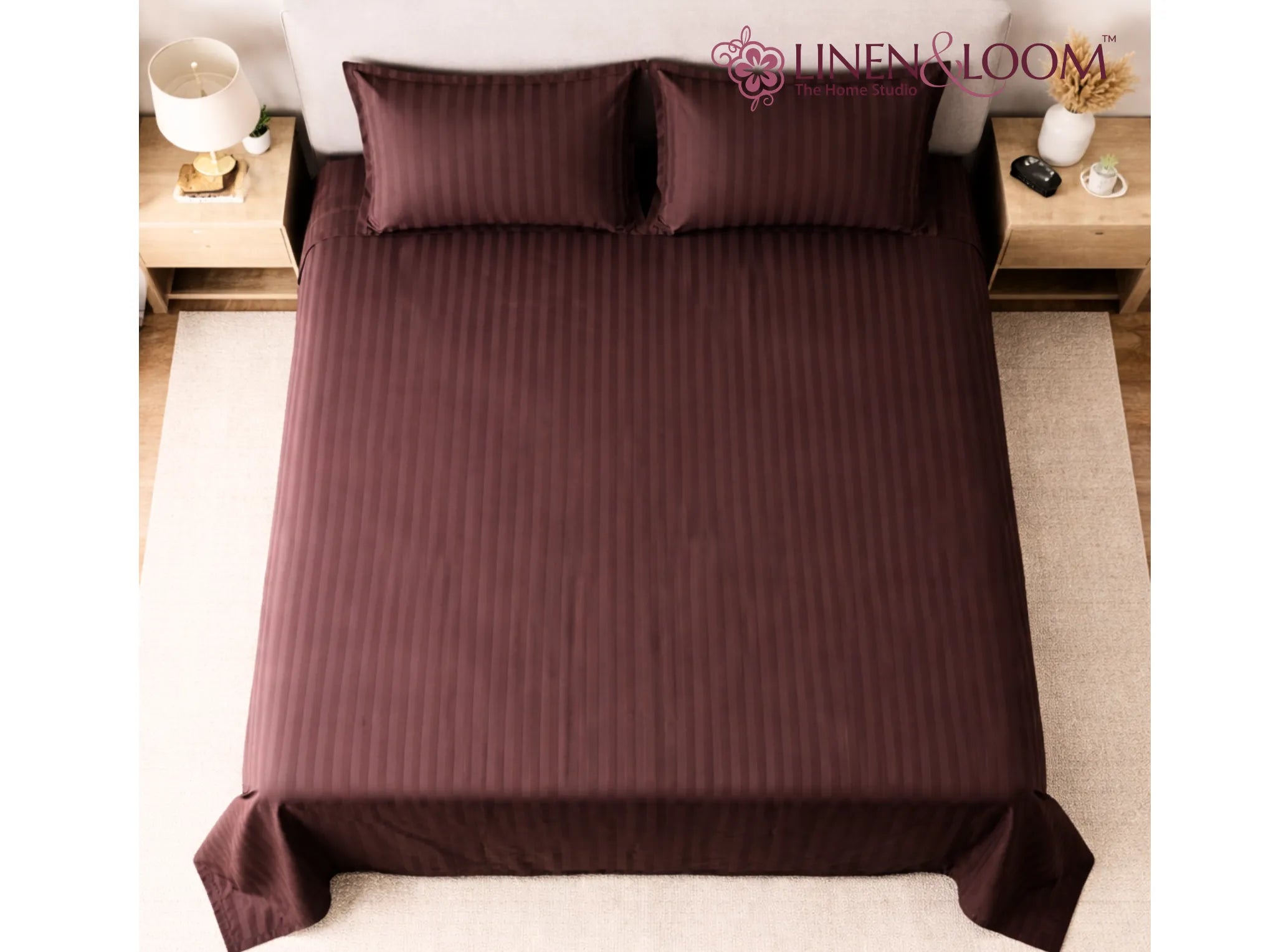 Brown - Linen & Loom Elegance Series Super King Size Bedsheet with 2 Pillow Covers | Luxury Striped Cotton Blend Bedsheet Set 200 TC | Soft, Breathable & Hotel-Style Finish (108 x 108 inches)