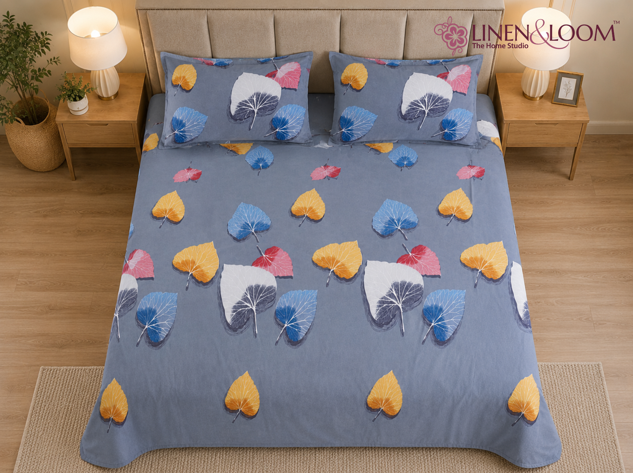 Leaf Symphony - Urban Bloom Poly-Cotton Queen Size Bedsheet Set (90x100 Inches) with 2 Matching Pillow Covers - Wrinkle-Free Comfort