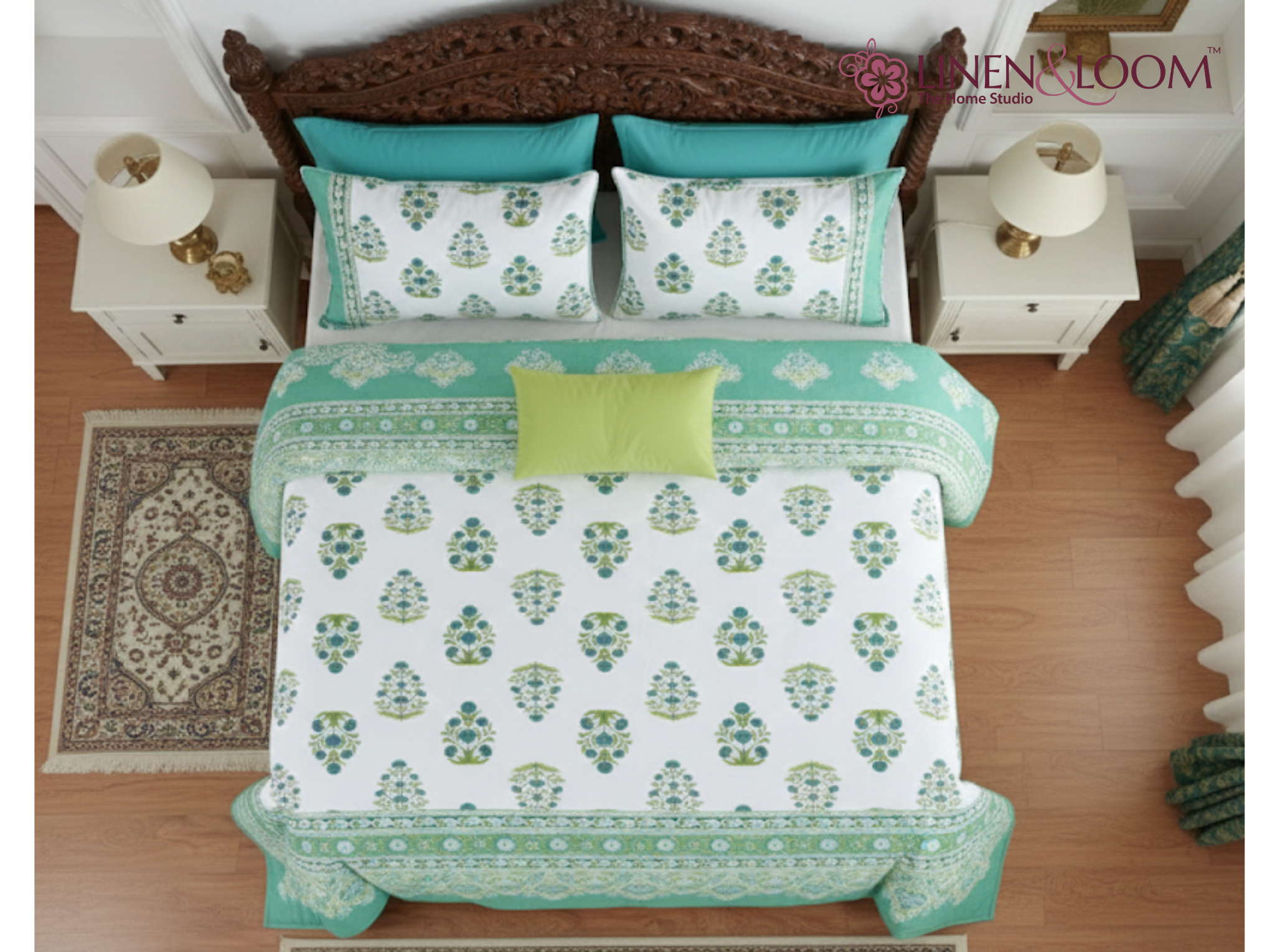 Gulshan Royale-Green — Linen & Loom Maharani Motifs Premium 100% Pure Cotton King Size (90x108) Double Bed Bedsheet with 2 Pillow Covers || Floral Printed Elegant Bedroom Bedding Set || 240 TC