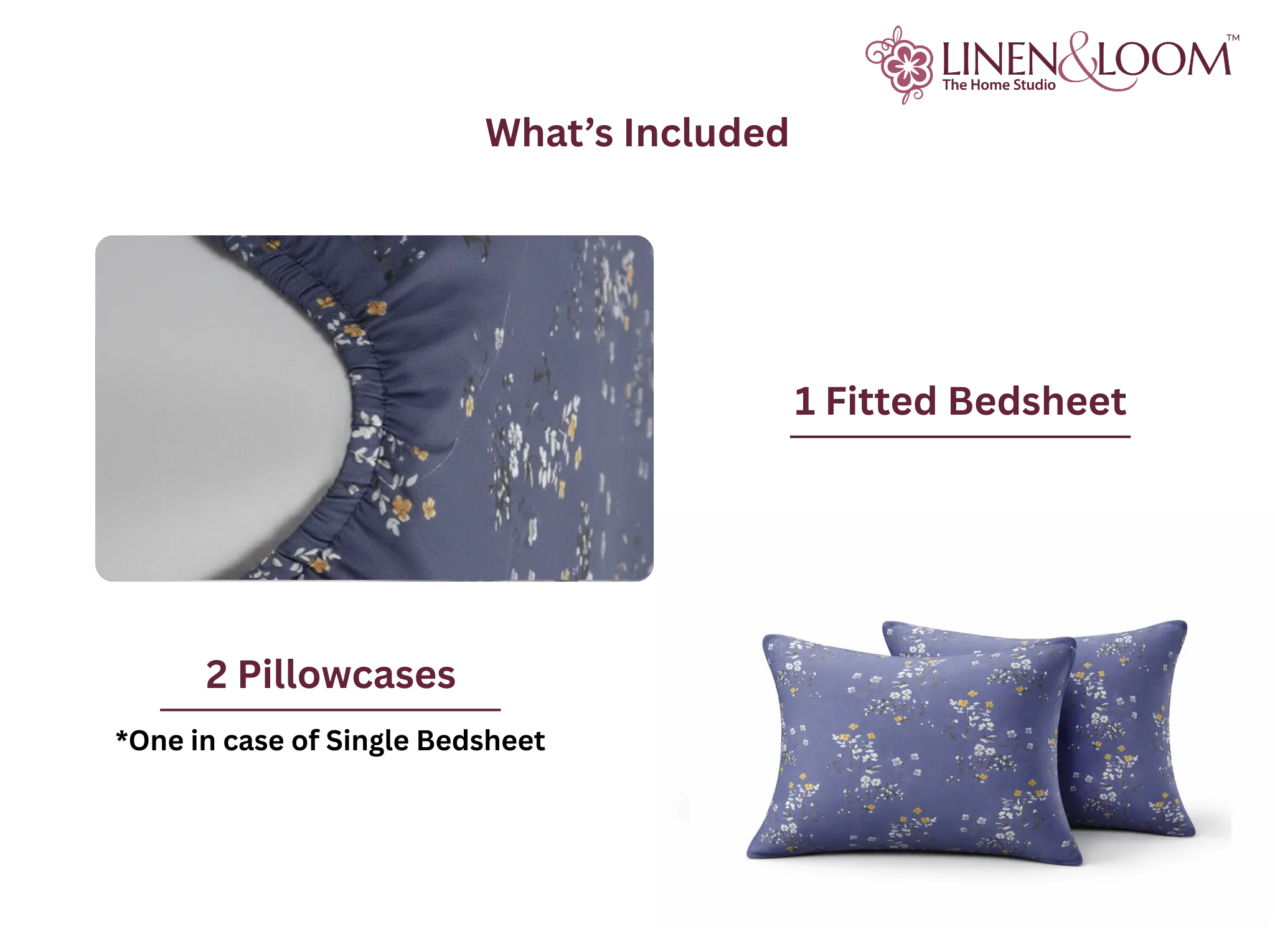 Moonflower Blue - Linen & Loom Pure Comfort Series 360° Elastic Fitted Bedsheet | Soft and Comfortable Bed Linen Set for a Cozy Bedroom | 200 TC | King Size 72x78 inches + 9 inches