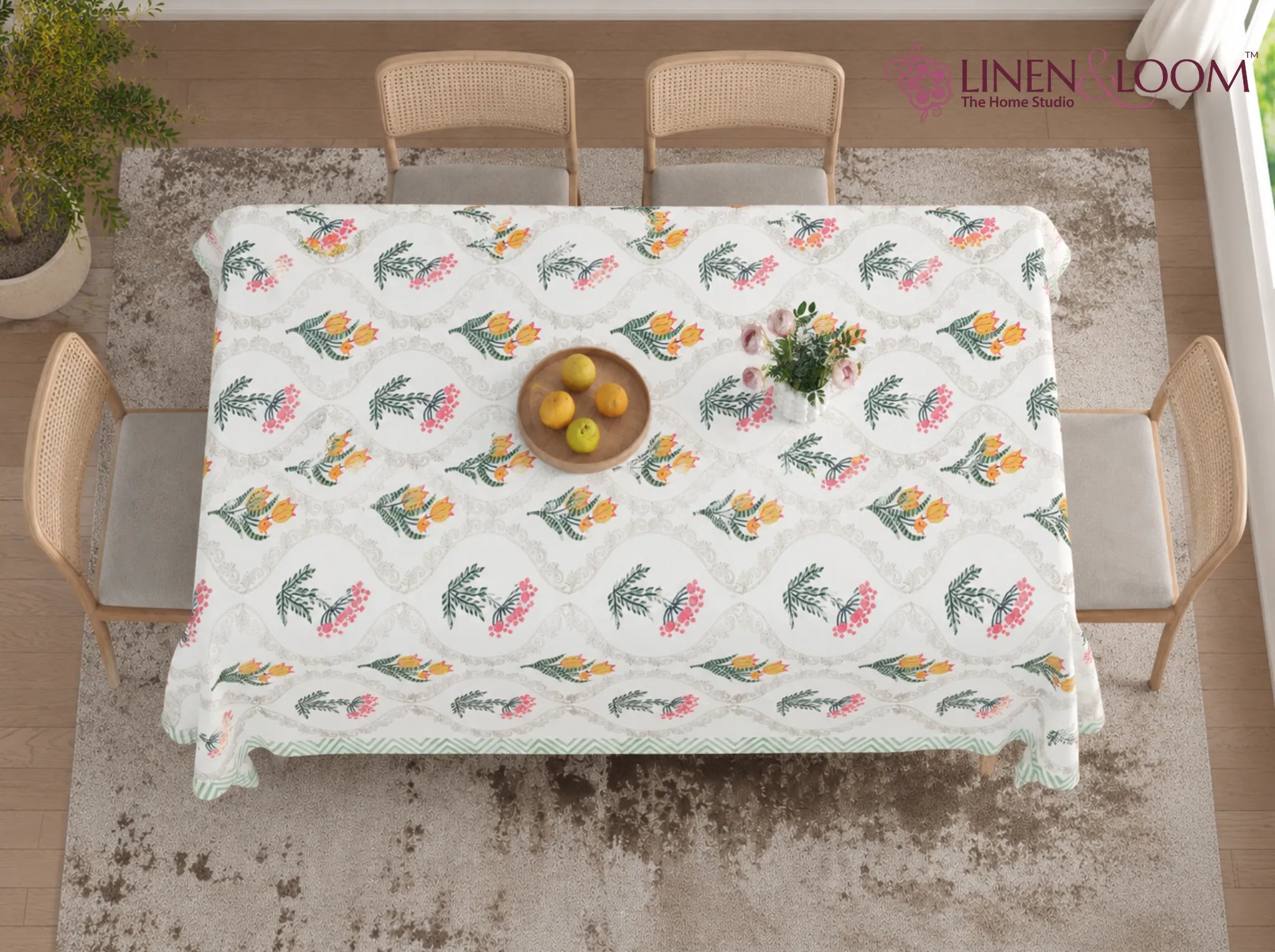 Heritage Bouquet - Linen & Loom Rajwada Heritage 6-Seater Table Cover | 100% Premium Cotton Slub | 200 TC | 160 GSM | 1.5 x 2.25 Meters