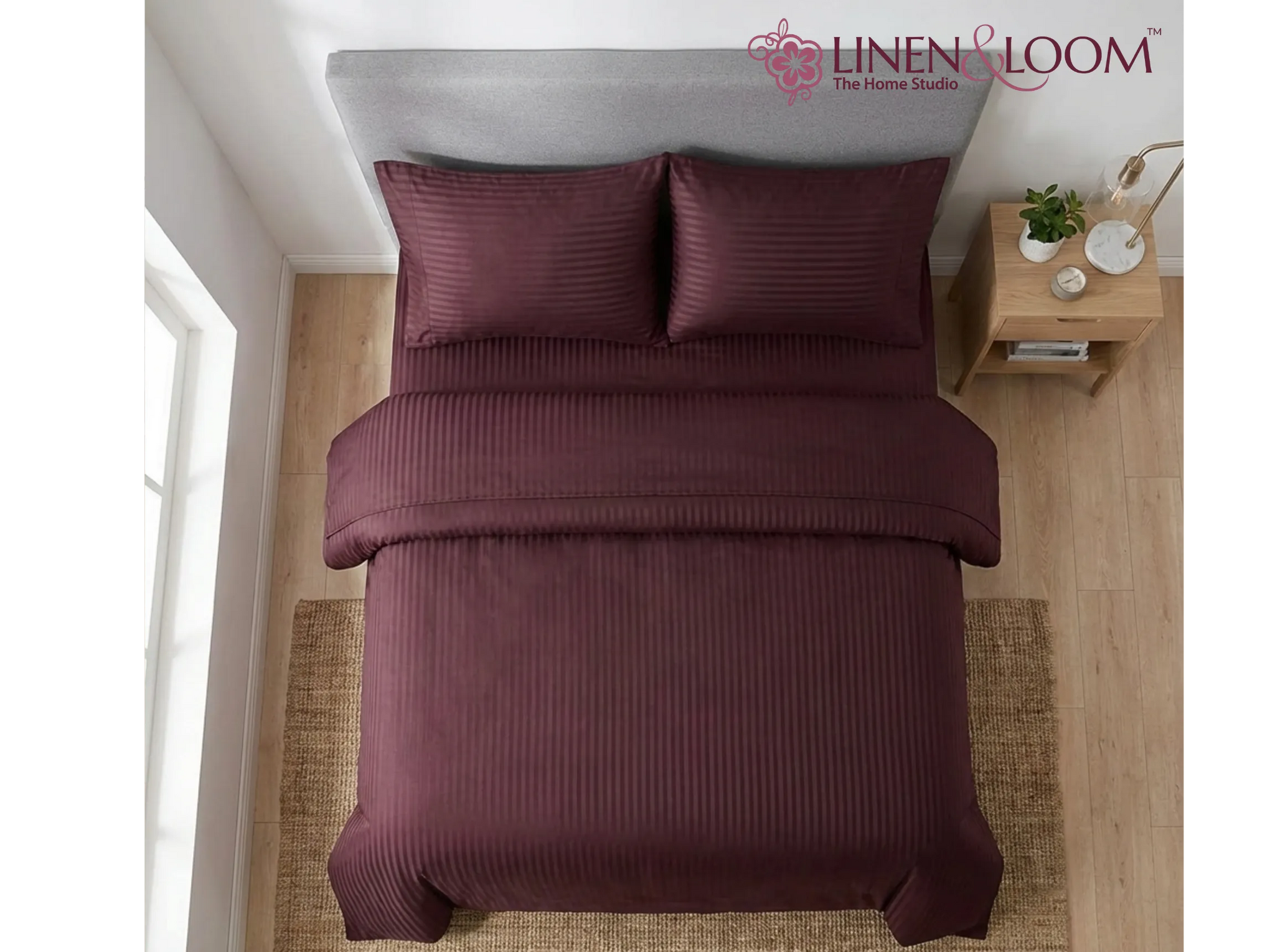 Maroon - Linen & Loom Elegance Series Super King Size Bedsheet with 2 Pillow Covers | Luxury Striped Cotton Blend Bedsheet Set 200 TC | Soft, Breathable & Hotel-Style Finish (108 x 108 inches)