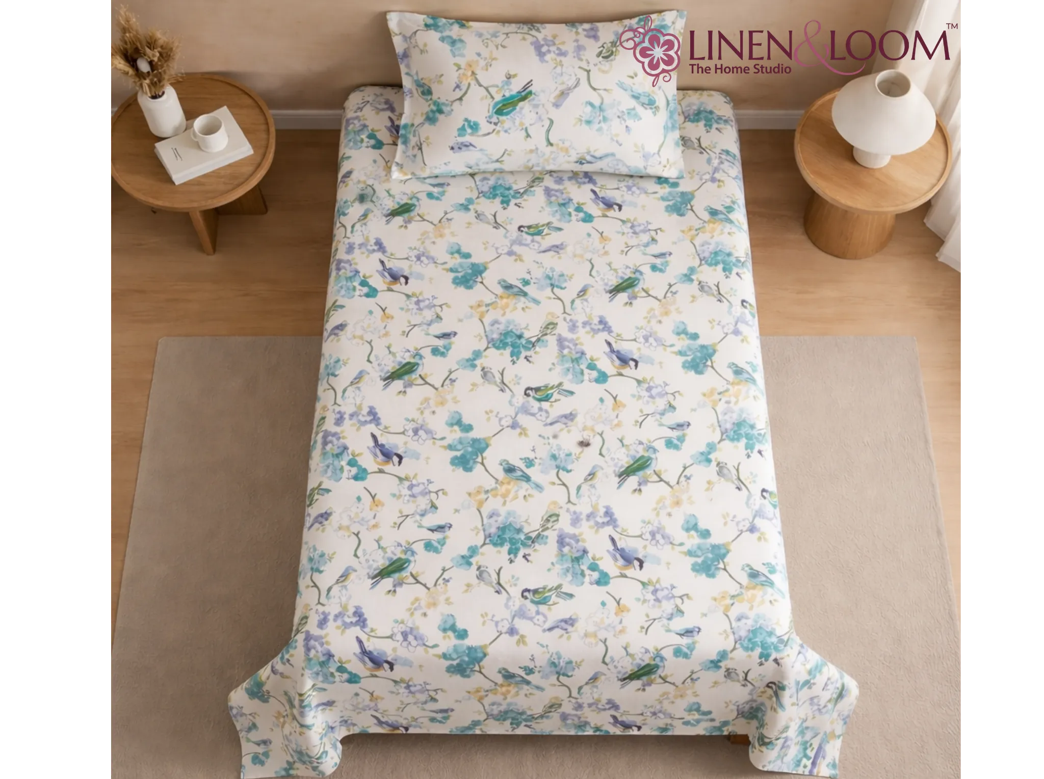 Azure Song - Linen & Loom The Natural Collection - 100% Pure Cotton Single Bedsheet (60 x 90 Inches) with 1 Pillow Cover | 240 TC - Soft & Breathable Cotton Bed Sheet for Bedroom