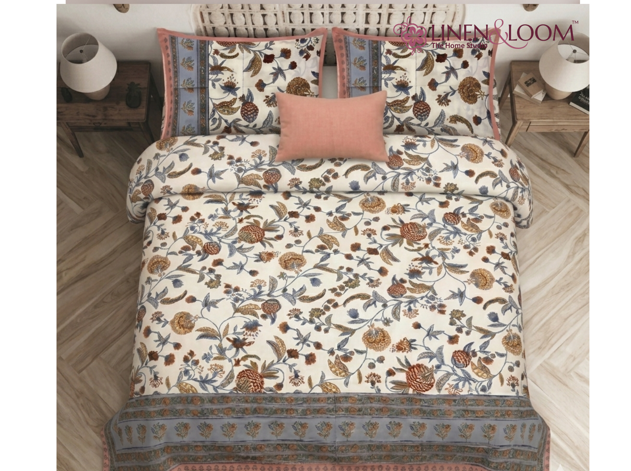 Firdaus Heritage - Yellow — Linen & Loom Maharani Motifs Premium 100% Pure Cotton King Size (90x108) Double Bed Bedsheet with 2 Pillow Covers || Floral Printed Elegant Bedroom Bedding Set || 240 TC