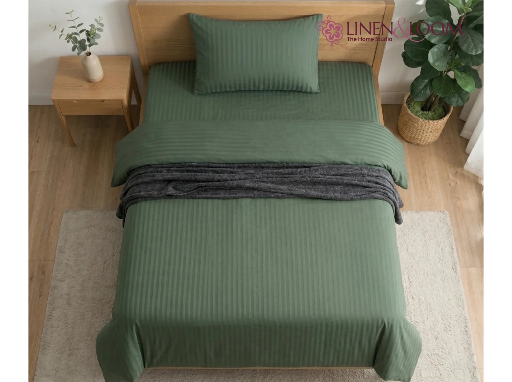 Mediterranean green - Linen & Loom Elegance Series (60x90 inches) Bedsheet with 1 Pillow Cover | Luxury Striped Cotton Blend Bedsheet Set | Soft, Breathable & Hotel-Style Finish | TC 200
