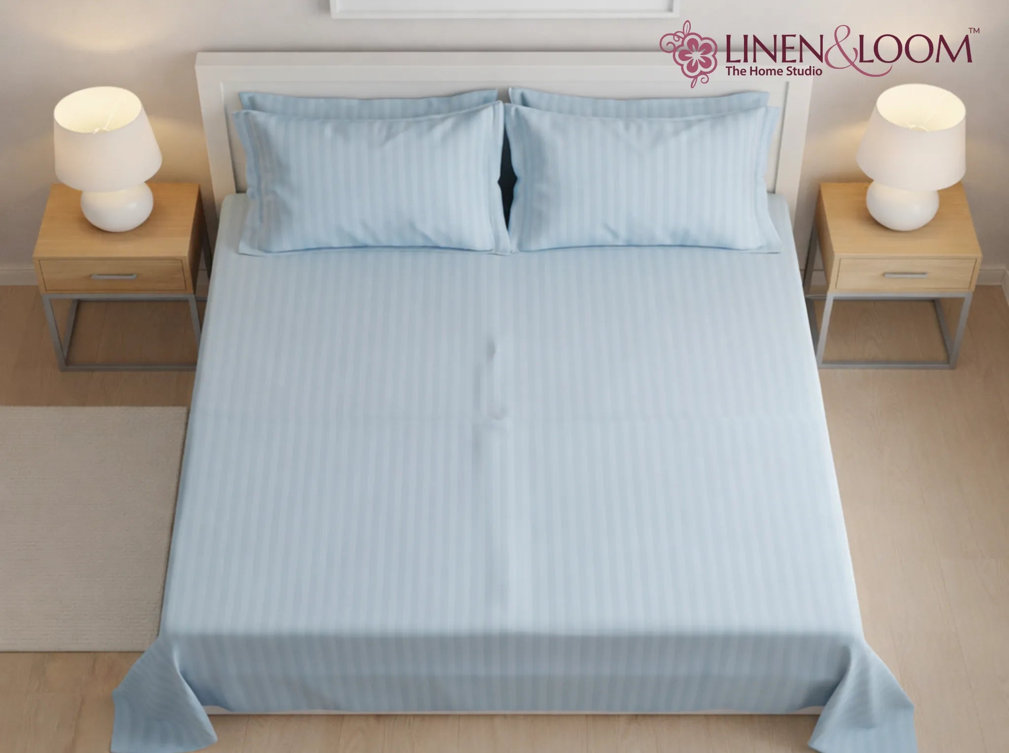 Light Blue - Linen & Loom Elegance Series Super King Size Bedsheet with 2 Pillow Covers | Luxury Striped Cotton Blend Bedsheet Set 200 TC | Soft, Breathable & Hotel-Style Finish (108 x 108 inches)