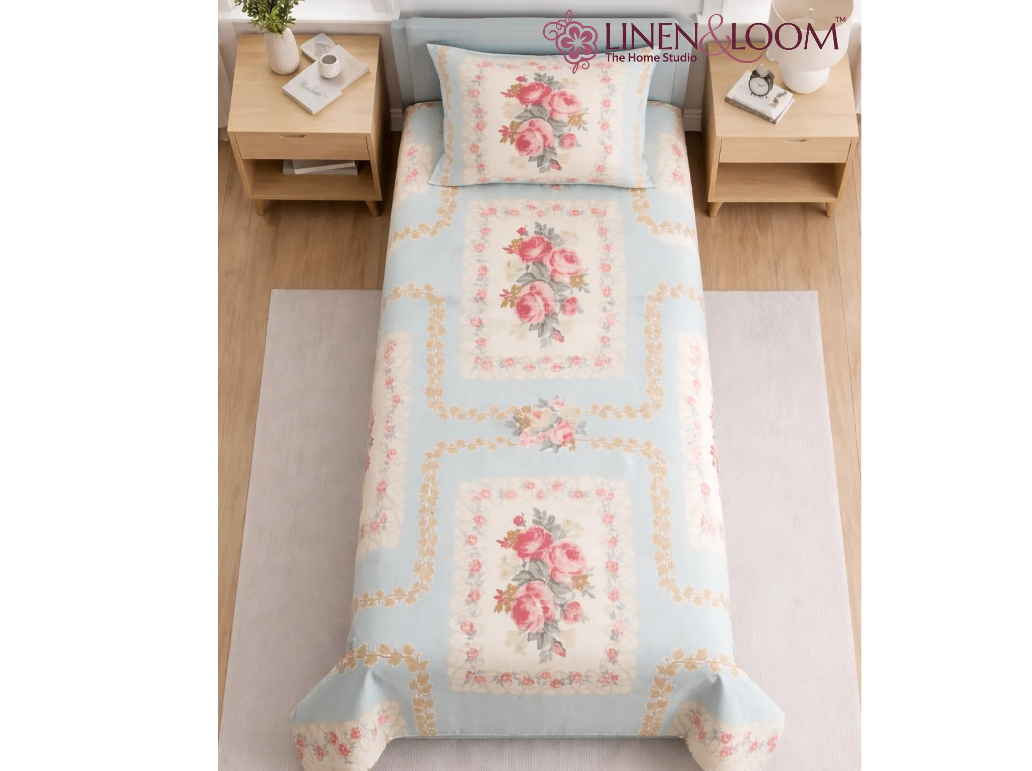 English Floral - Linen & Loom The Natural Collection - 100% Pure Cotton Single Bedsheet (60 x 90 Inches) with 1 Pillow Cover | 240 TC - Soft & Breathable Cotton Bed Sheet for Bedroom
