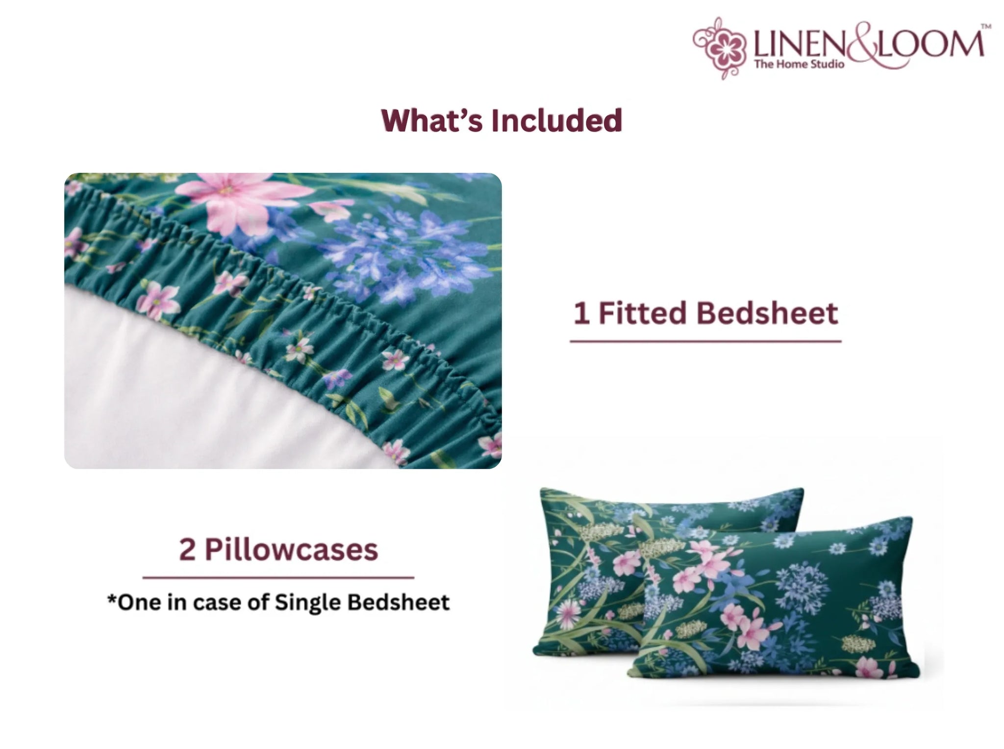 Midnight Meadow - Linen & Loom Pure Comfort Series 360° Elastic Fitted Bedsheet | Soft and Comfortable Bed Linen Set for a Cozy Bedroom | 200 TC | King Size 72x78 inches + 9 inches