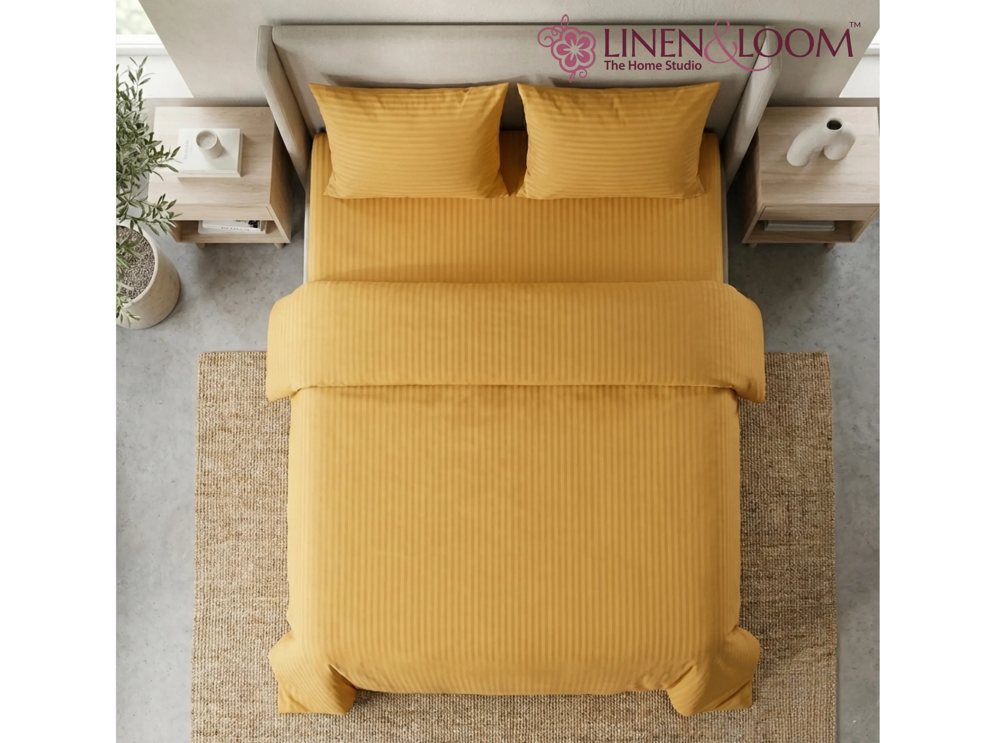 Mustard - Linen & Loom Elegance Series Super King Size Bedsheet with 2 Pillow Covers | Luxury Striped Cotton Blend Bedsheet Set 200 TC | Soft, Breathable & Hotel-Style Finish (108 x 108 inches)