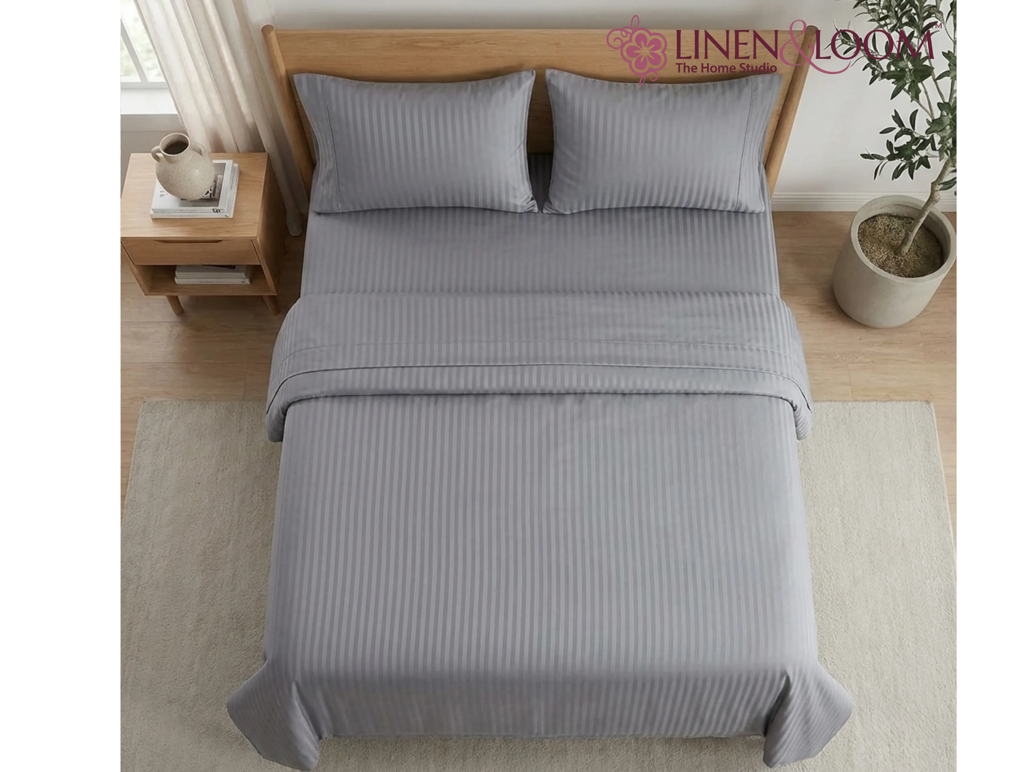 Grey - Linen & Loom Elegance Series King Size Bedsheet (90 x 100 Inches) with 2 Pillow Covers | Luxury Striped Cotton Blend | 200 TC | Soft, Breathable & Hotel-Style Finish