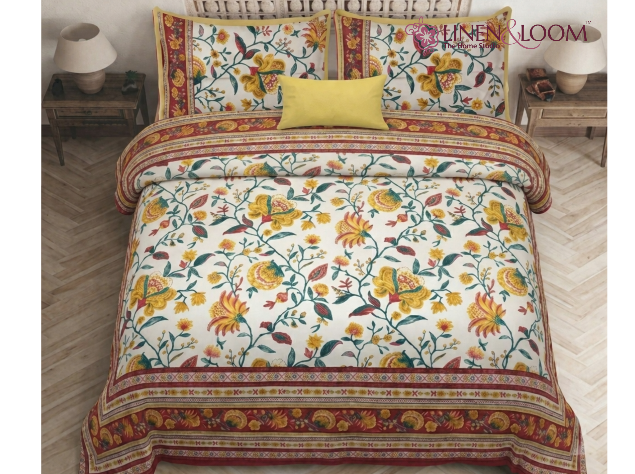 Gulistan Royale - Yellow — Linen & Loom Maharani Motifs Premium 100% Pure Cotton King Size (90x108) Double Bed Bedsheet with 2 Pillow Covers || Floral Printed Elegant Bedroom Bedding Set || 240 TC