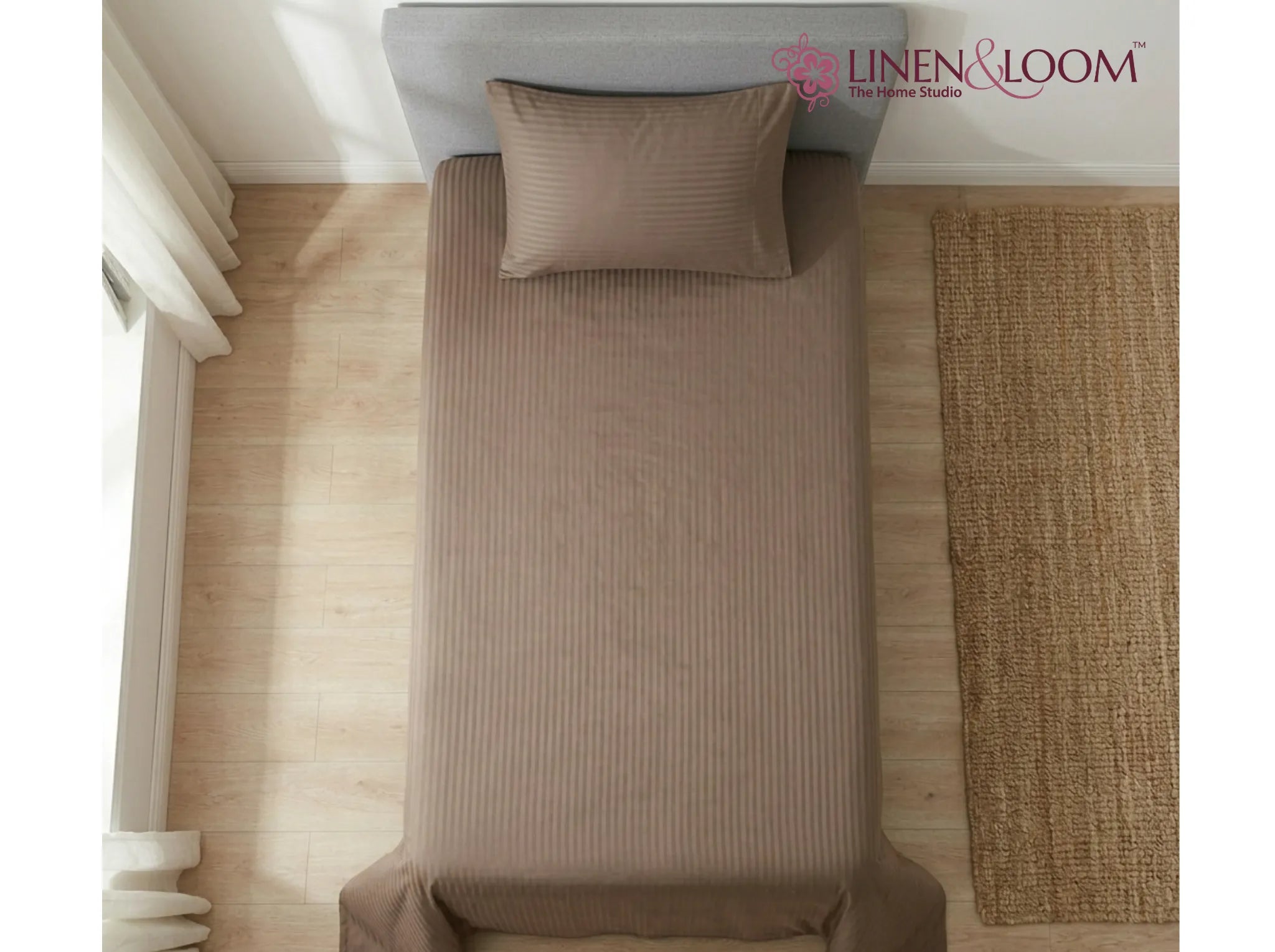 Light Brown - Linen & Loom Elegance Series (60x90 inches) Bedsheet with 1 Pillow Cover | Luxury Striped Cotton Blend Bedsheet Set | Soft, Breathable & Hotel-Style Finish | TC 200