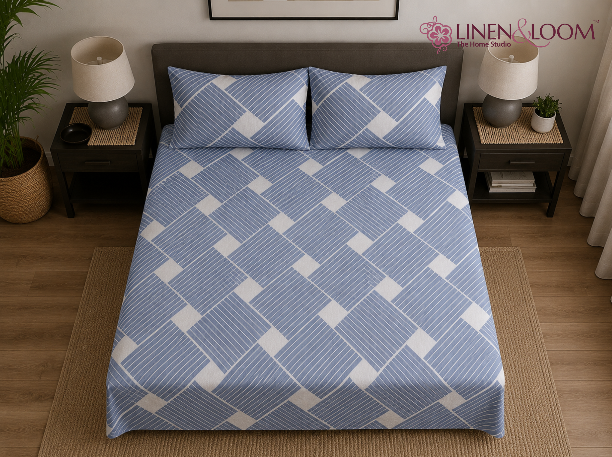 Nordic Lines - Urban Bloom Poly-Cotton Queen Size Bedsheet Set (90x100 Inches) with 2 Matching Pillow Covers - Wrinkle-Free Comfort