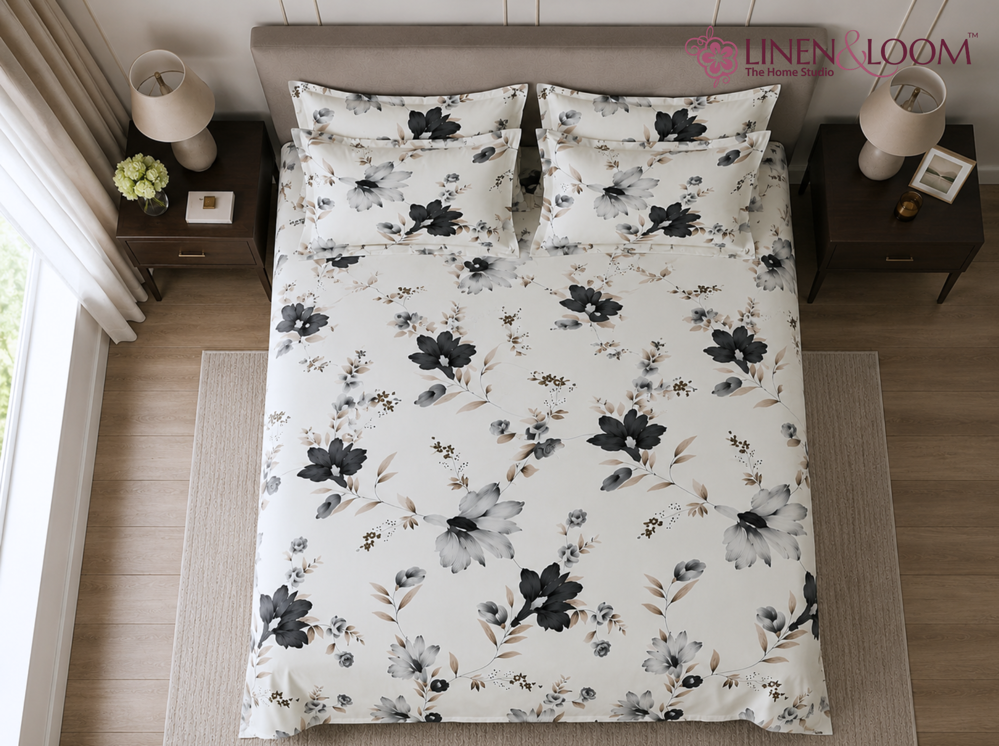 Noir Botanica - Urban Bloom Poly-Cotton Queen Size Bedsheet Set (90x100 Inches) with 2 Matching Pillow Covers - Wrinkle-Free Comfort