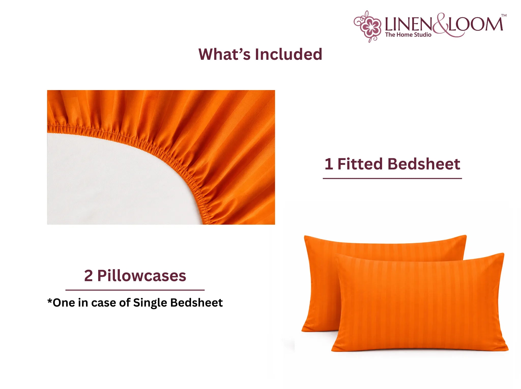 Orange - Linen & Loom Elegance King Size 360° Fitted (72X78 + 9 inches) Elasticated Bedsheet | Elegant Satin Stripes | No-Slip Design | Snug, Secure Grip | Fits Upto 8 Inch Mattress | 200 TC