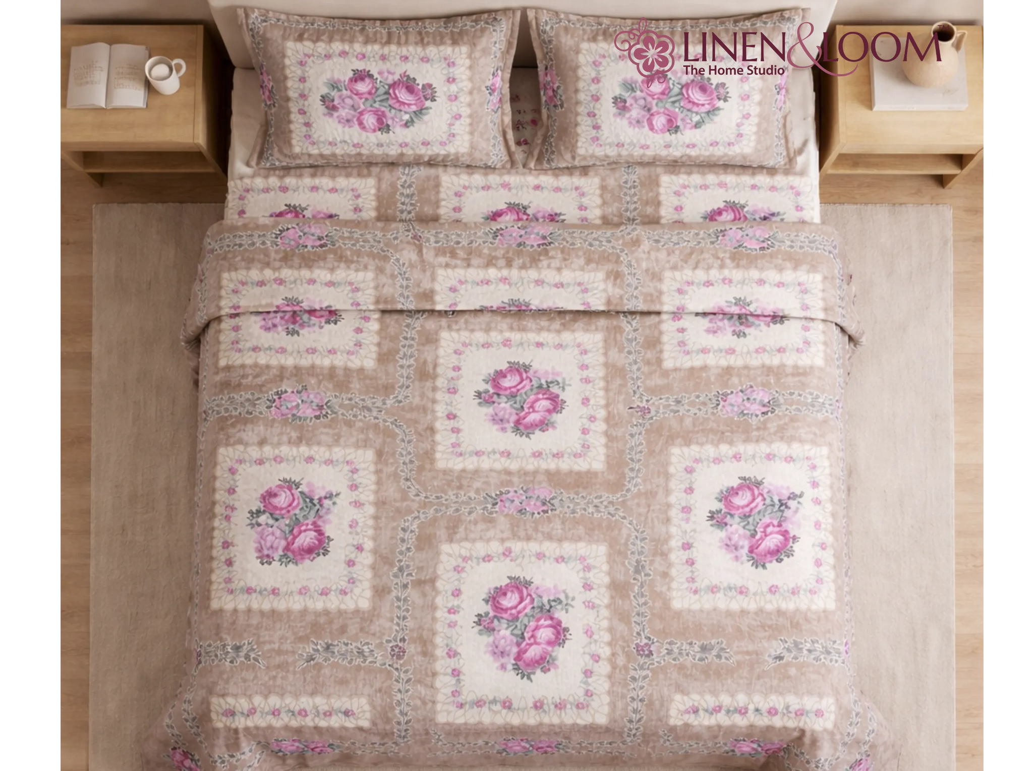 Duchess Petal Beige - Linen & Loom Natural Collection - Super King (100x108) 100% Pure Cotton Bedsheet with 2 Pillow Covers | Soft Breathable Bedspread for Home Decor | TC 240