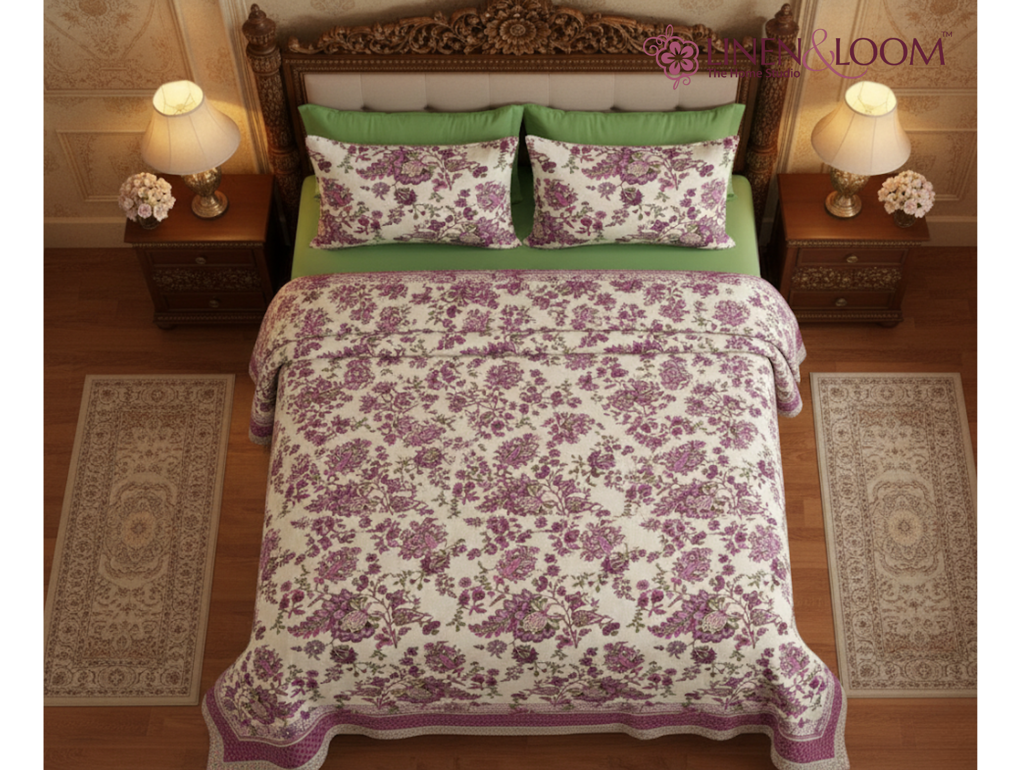 Gul Rosé-Lilac — Linen & Loom Maharani Motifs Premium 100% Pure Cotton King Size (90x108) Double Bed Bedsheet with 2 Pillow Covers || Floral Printed Elegant Bedroom Bedding Set || 240 TC