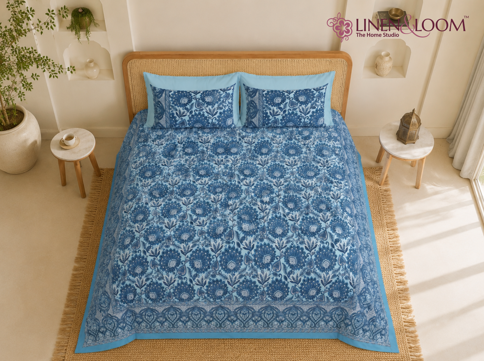 Nilaya Paisley_Blue — Linen & Loom Jaipur Heritage Super King Size (108 x 108 inches) 100% Pure Cotton Bedsheet with 2 Pillow Covers | Soft & Breathable Bed Cover for Home Decor | 240 TC