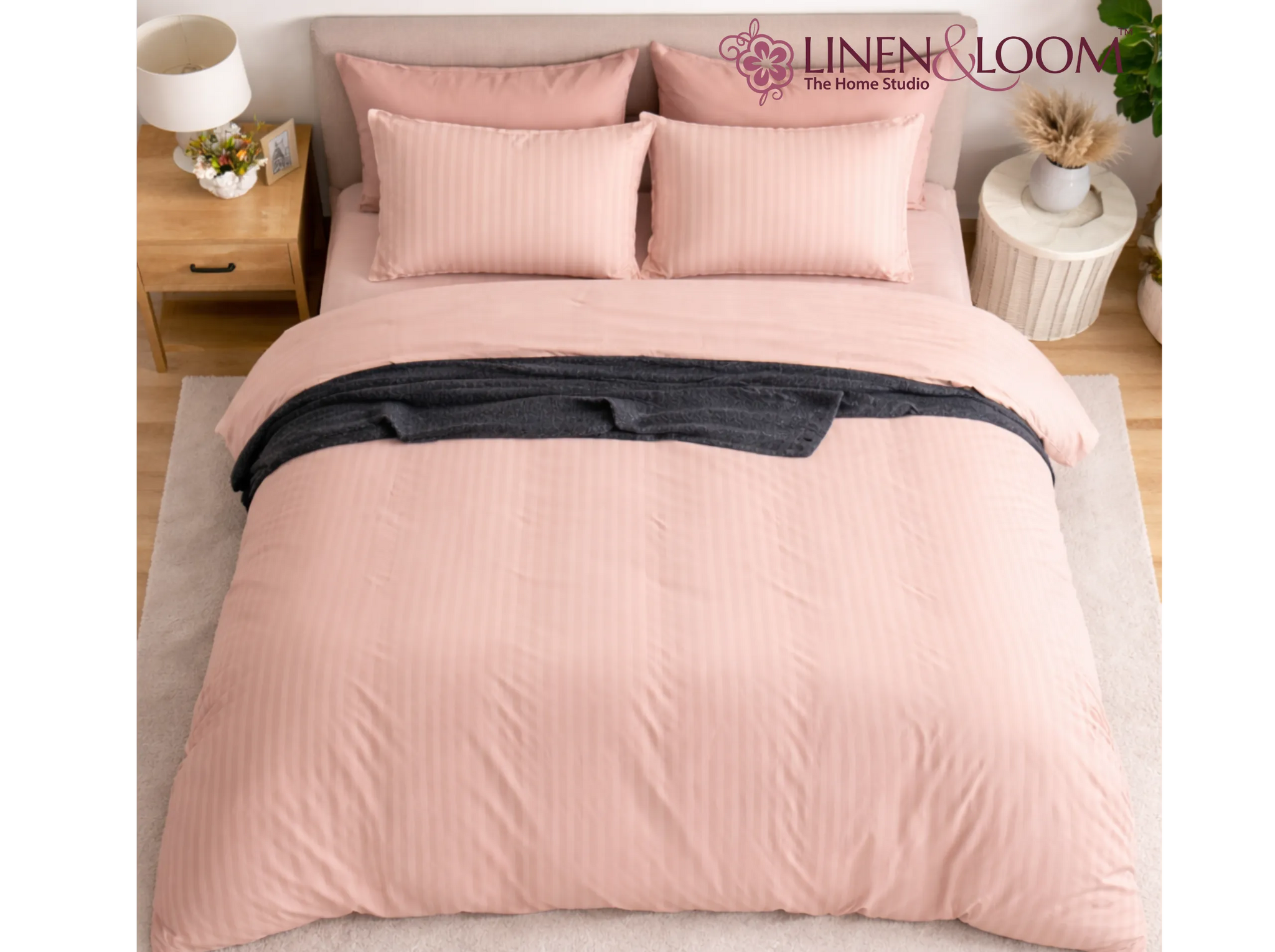 Peach - Linen & Loom Elegance Series Super King Size Bedsheet with 2 Pillow Covers | Luxury Striped Cotton Blend Bedsheet Set 200 TC | Soft, Breathable & Hotel-Style Finish (108 x 108 inches)
