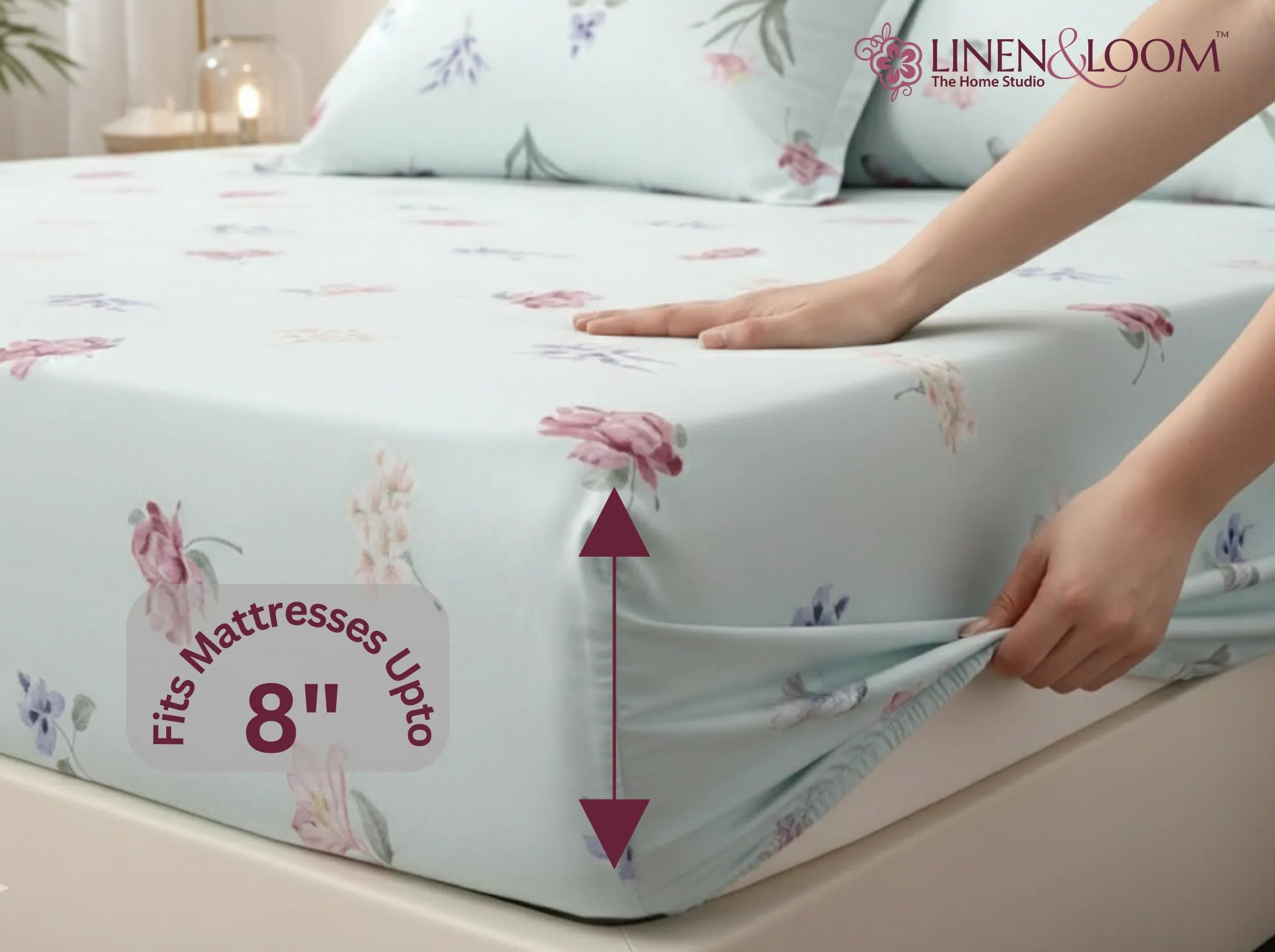 Spring Whispers - Linen & Loom Pure Comfort Series 360° Elastic Fitted Bedsheet | Soft and Comfortable Bed Linen Set for a Cozy Bedroom | 200 TC | King Size 72x78 inches + 9 inches