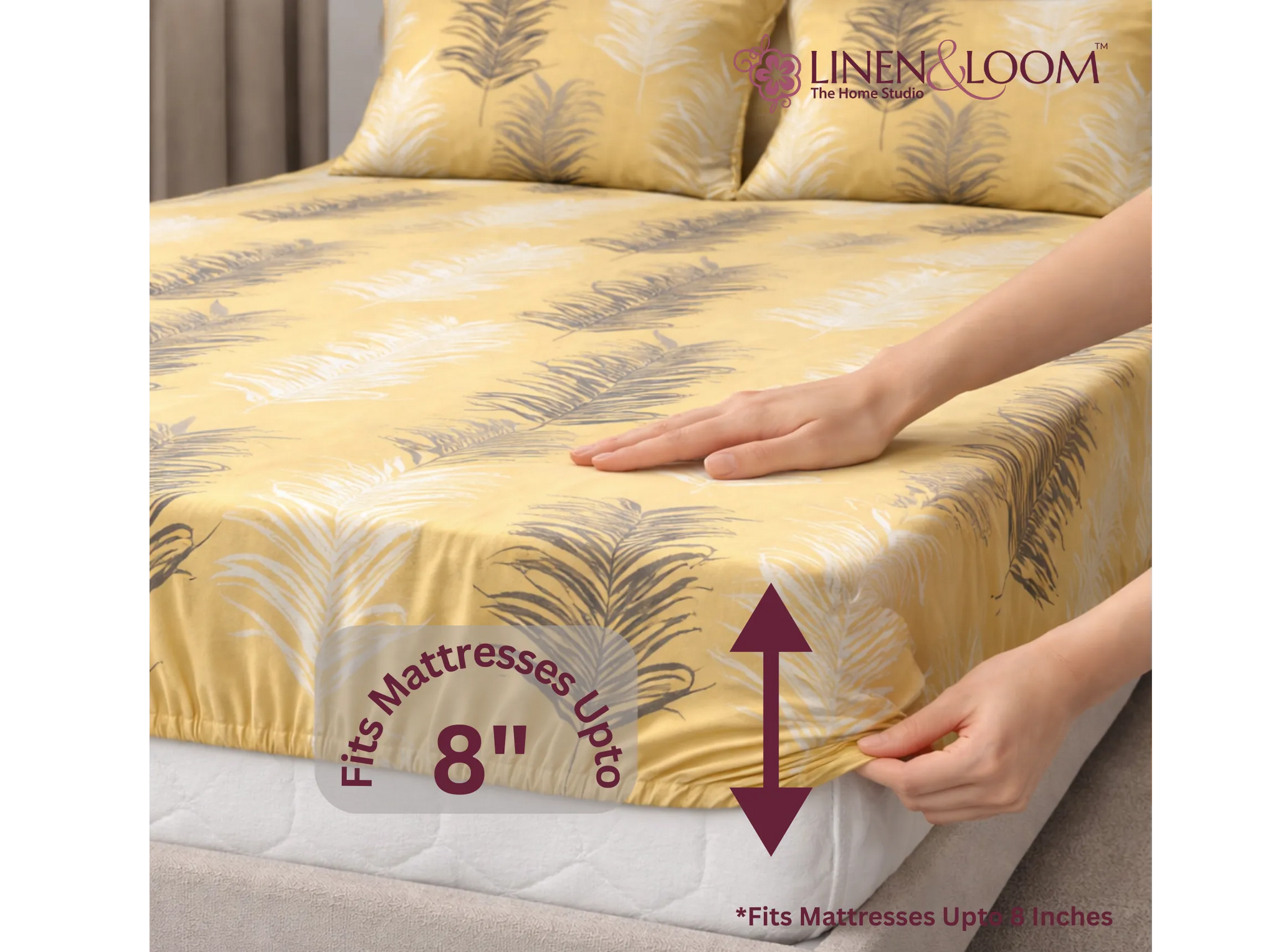 Golden Amber Motif - Linen & Loom Pure Comfort Series 360° Elastic Fitted Bedsheet | Soft and Comfortable Bed Linen Set for a Cozy Bedroom | 200 TC | King Size 72x78 inches + 9 inches