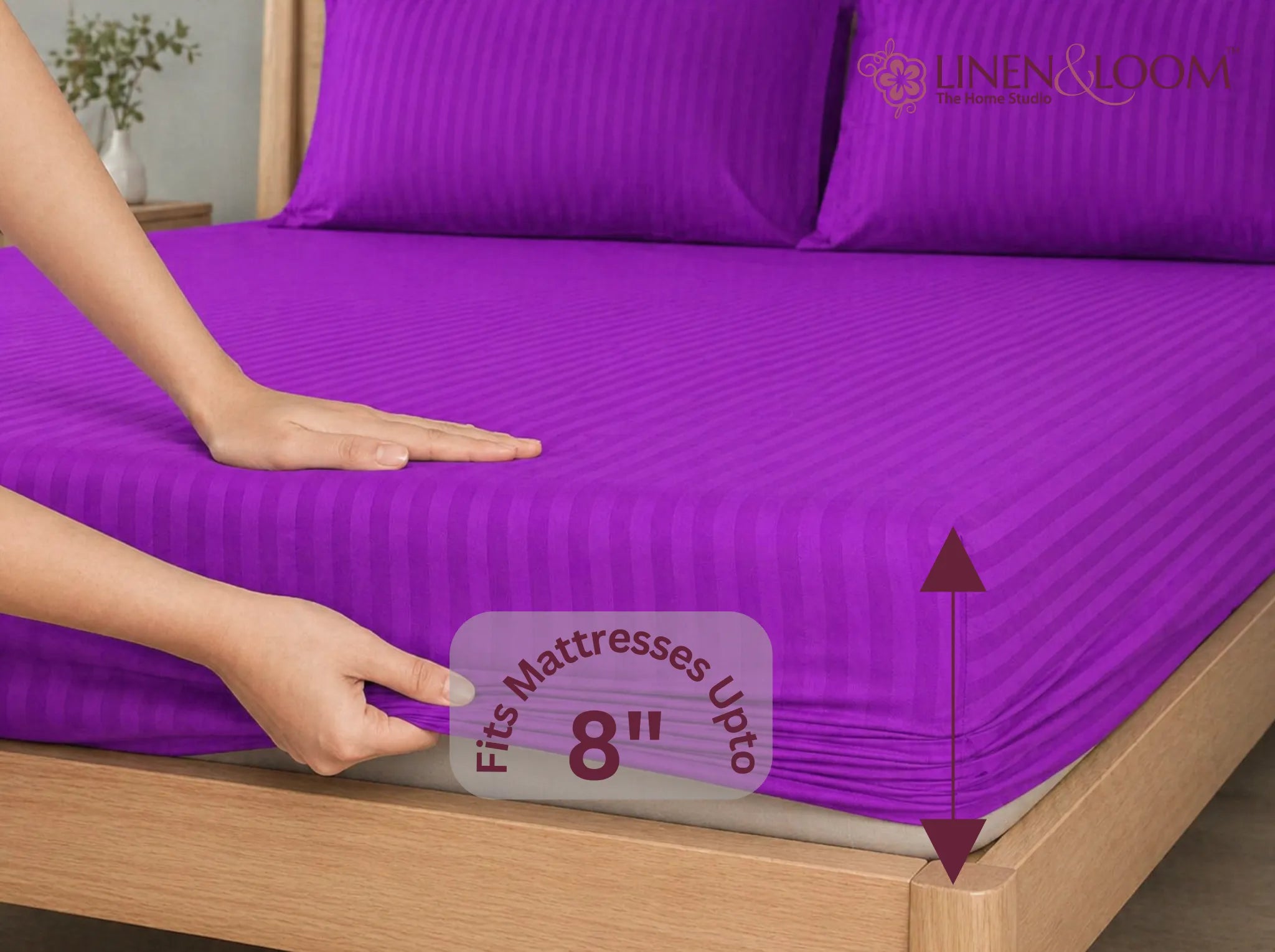 Purple - Linen & Loom Elegance King Size 360° Fitted (72X78 + 9 inches) Elasticated Bedsheet | Elegant Satin Stripes | No-Slip Design | Snug, Secure Grip | Fits Upto 8 Inch Mattress | 200 TC