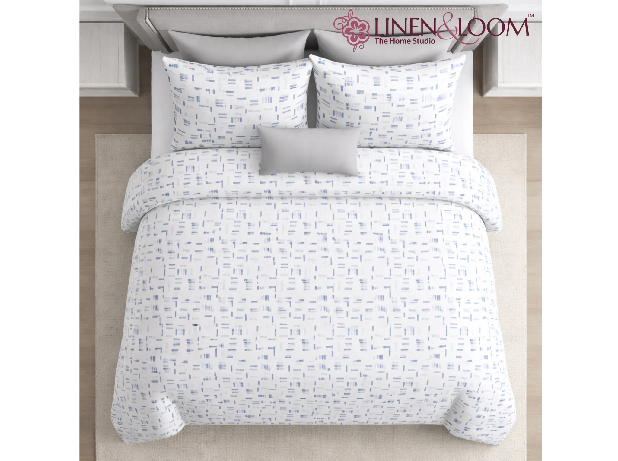 Oxford Pixel – White & Blue - Linen & Loom Serenity Series Super King Size (108x108 inches) Double Bedsheet with 2 Pillow Covers || Soft Breathable Cotton Feel Bedding Set with Elegant Geometric Design || TC 240