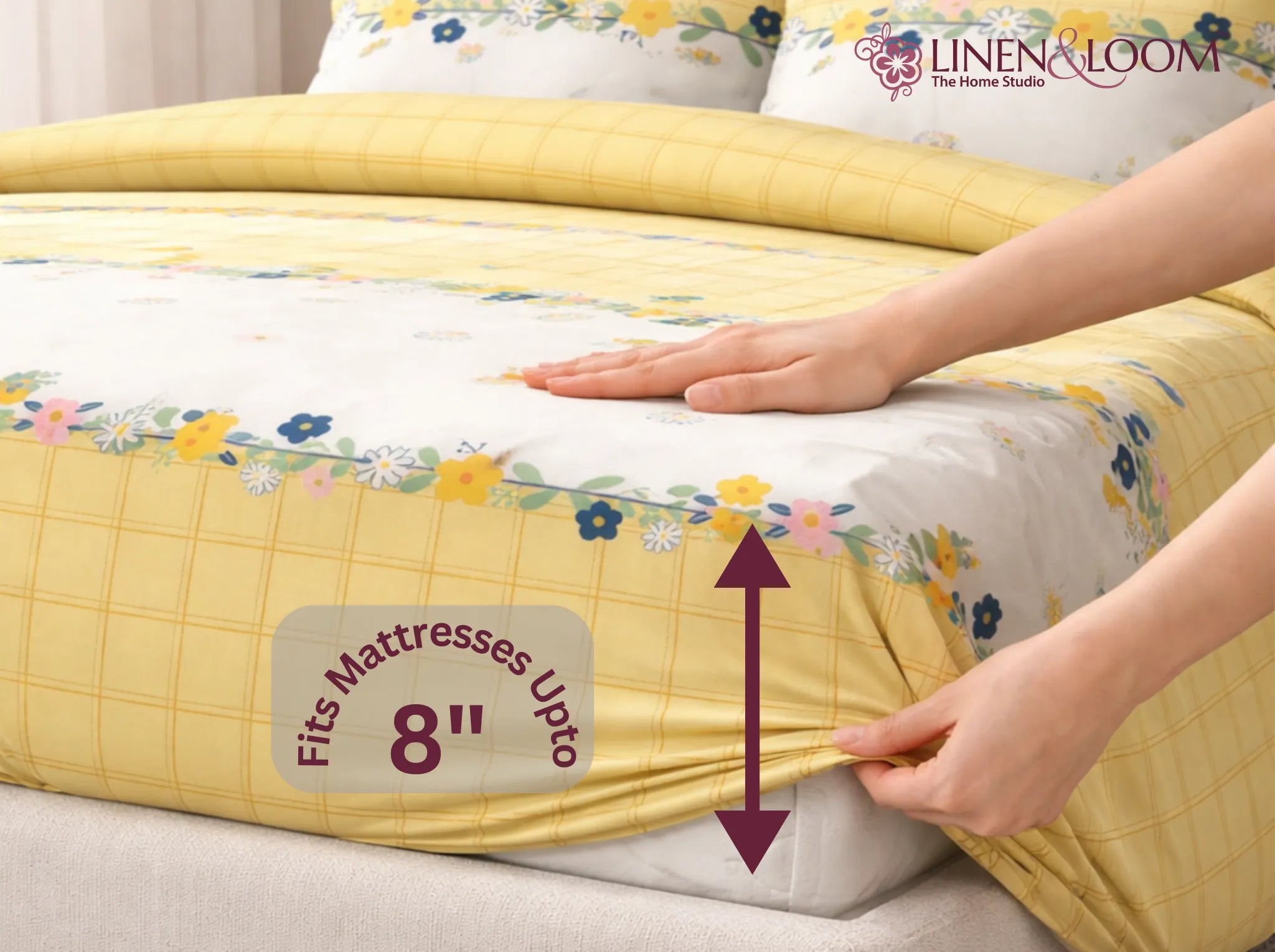 Floral Sunshine - Linen & Loom Pure Comfort Series 360° Elastic Fitted Bedsheet | Soft and Comfortable Bed Linen Set for a Cozy Bedroom | 200 TC | King Size 72x78 inches + 9 inches