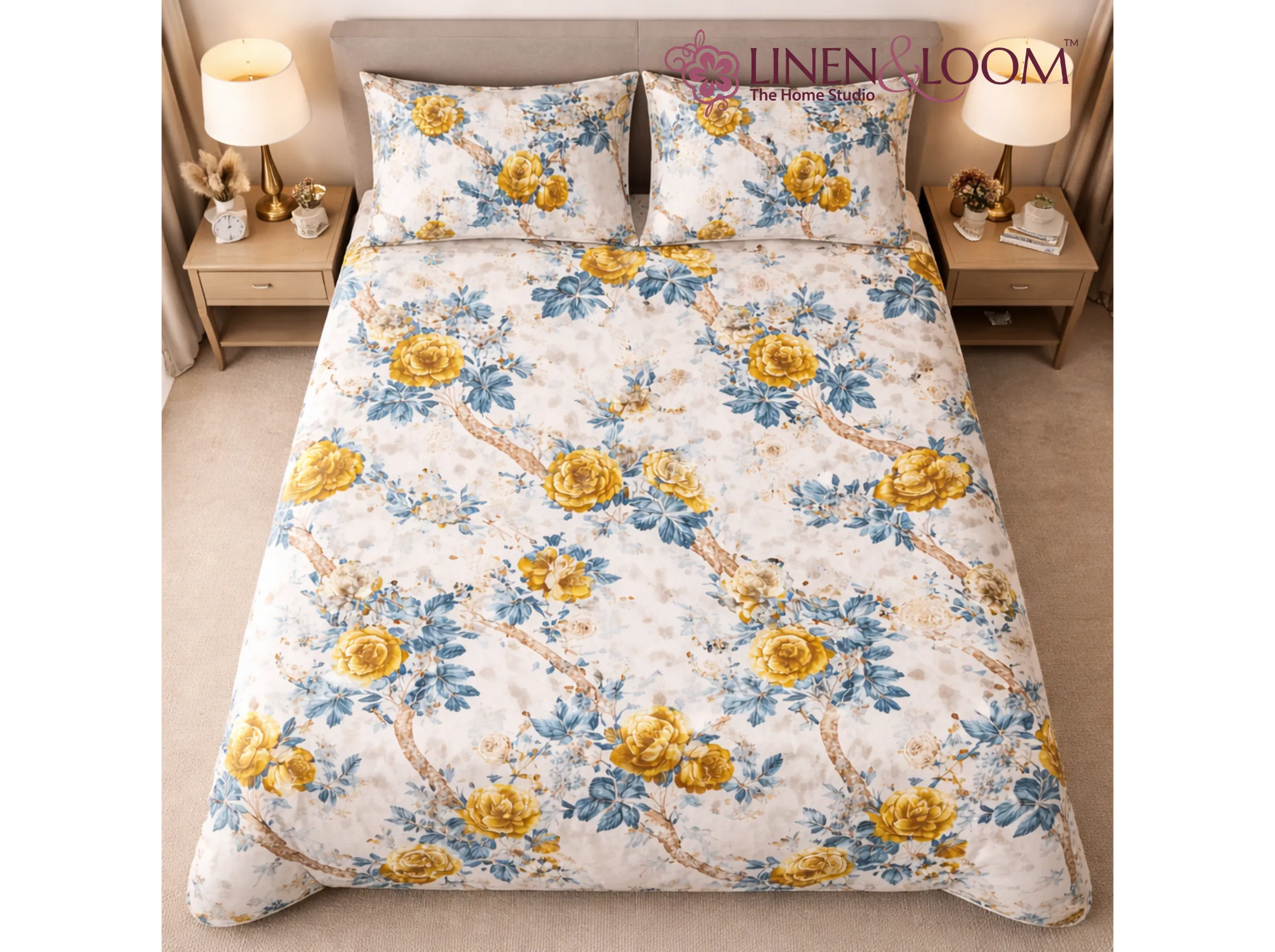 Blueleaf Blossom - Linen & Loom Natural Collection - Super King (100x108) 100% Pure Cotton Bedsheet with 2 Pillow Covers | Soft Breathable Bedspread for Home Decor | TC 240