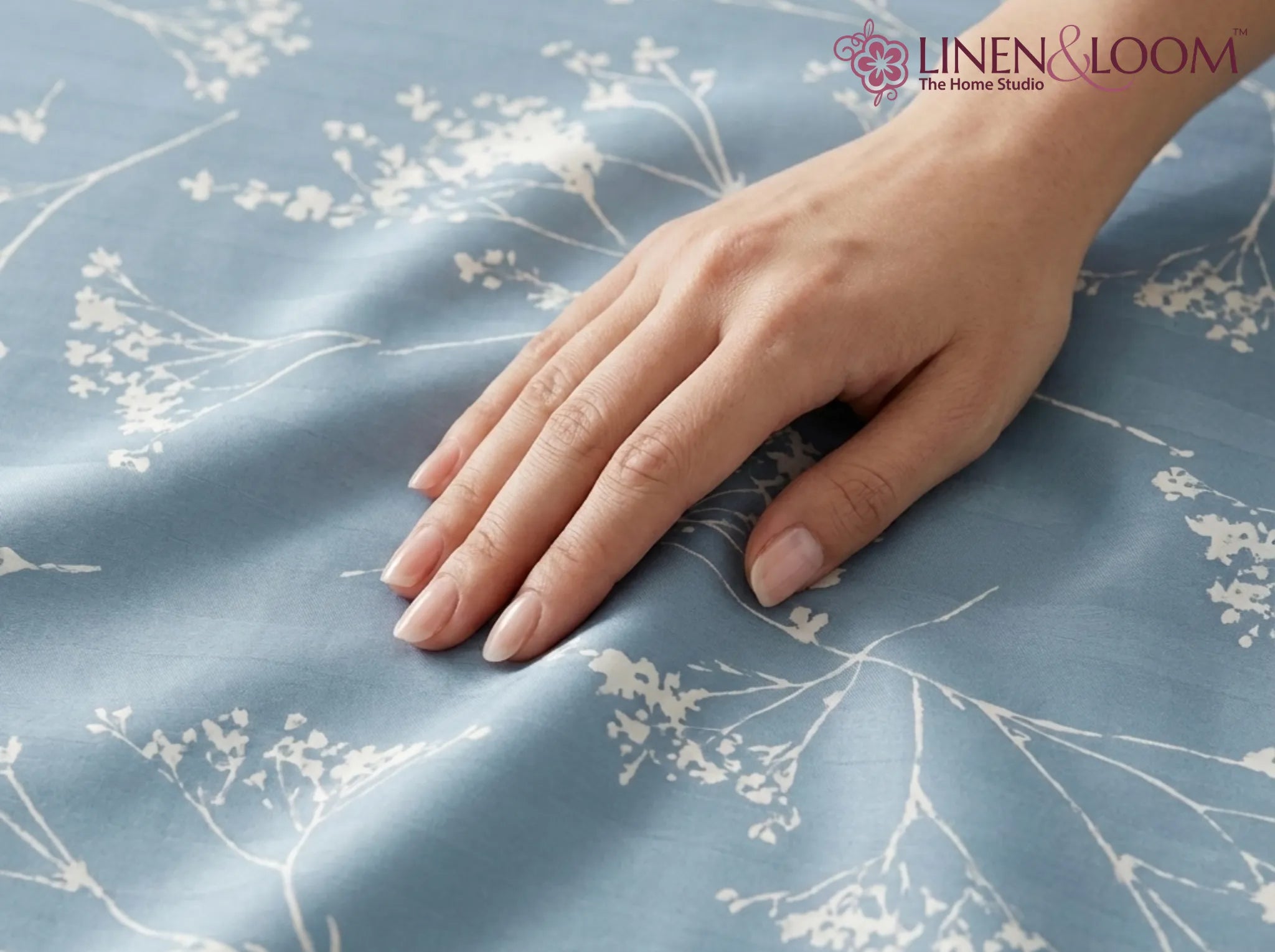 Tranquil Blue Sprigs - Linen & Loom Serenity Series Super King Size (108x108 inches) Double Bedsheet with 2 Pillow Covers || Soft Breathable Cotton Feel Bedding Set with Elegant Geometric Design || TC 240