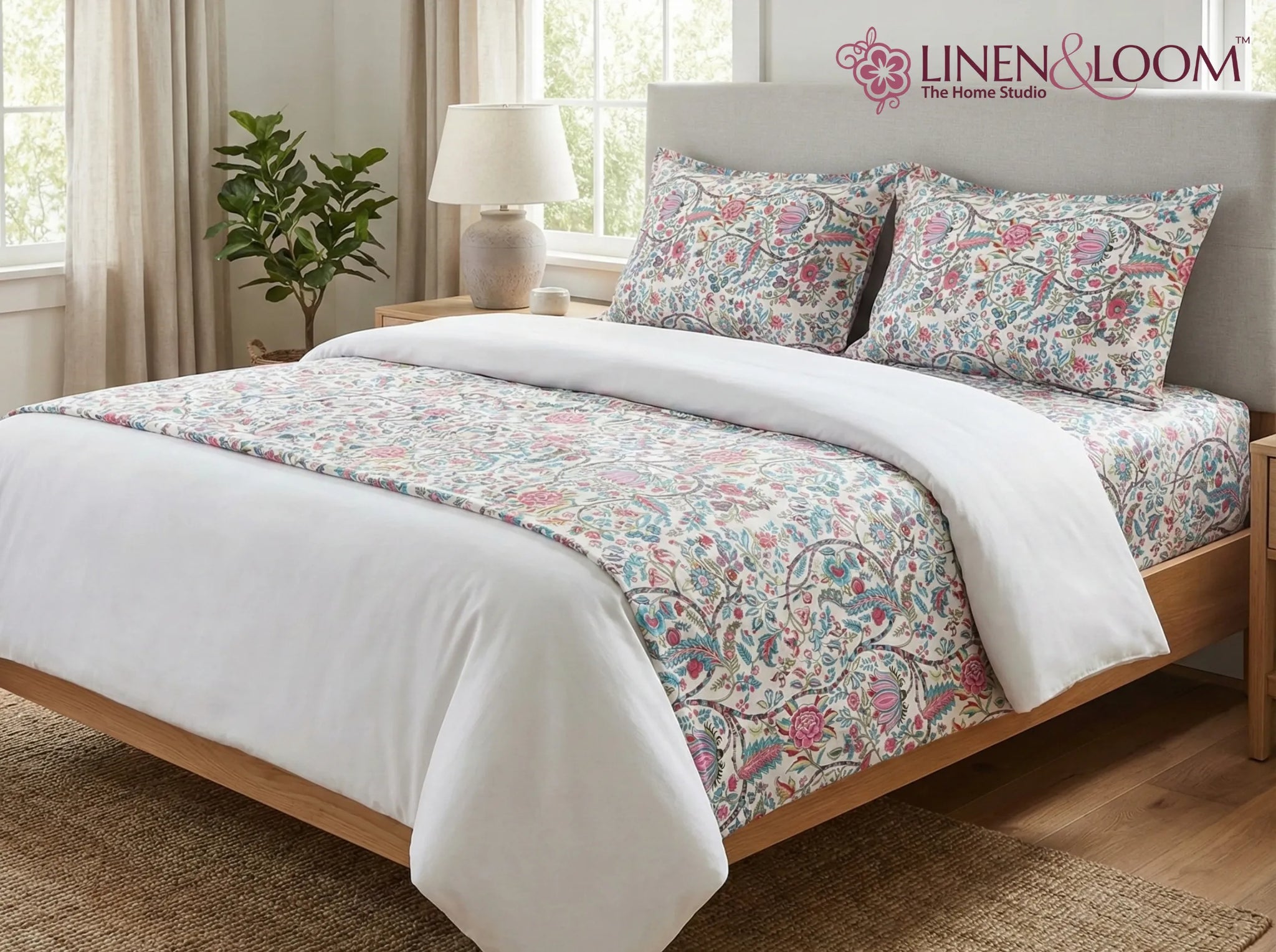 Vivid Vine - Linen & Loom Natural Collection - Super King (100x108) 100% Pure Cotton Bedsheet with 2 Pillow Covers | Soft Breathable Bedspread for Home Decor | TC 240