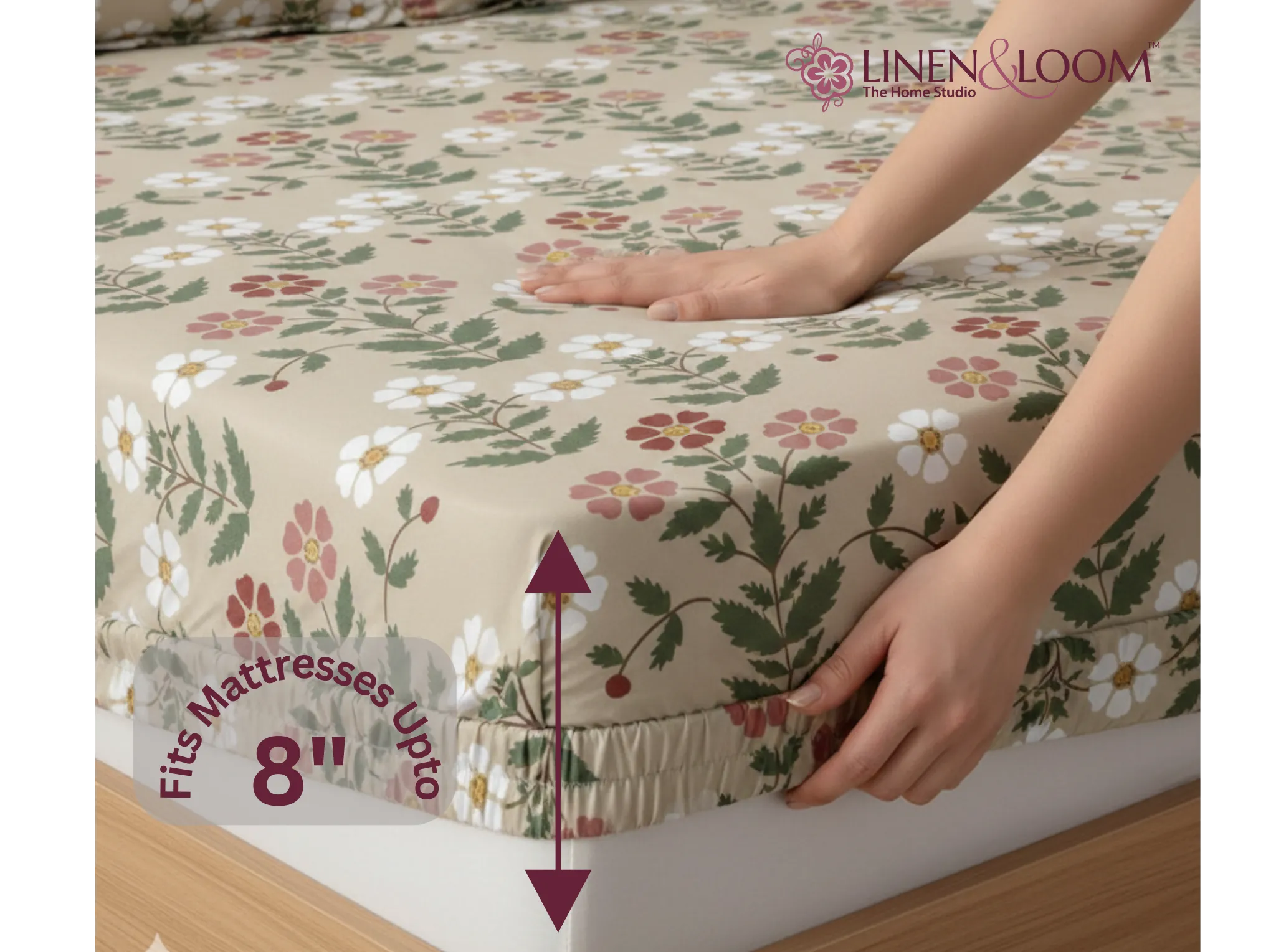 Meadow Bloom - Linen & Loom Pure Comfort Series 360° Elastic Fitted Bedsheet | Soft and Comfortable Bed Linen Set for a Cozy Bedroom | 200 TC | King Size 72x78 inches + 9 inches