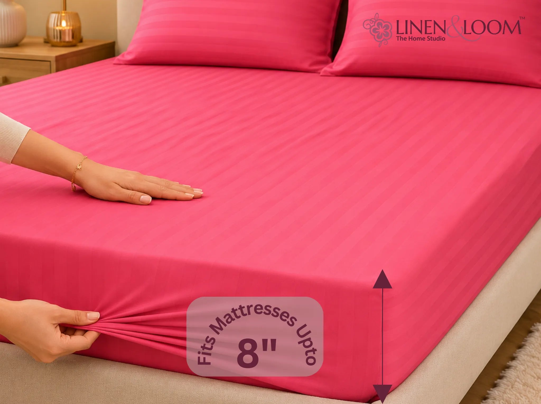 Flamingo Pink - Linen & Loom Elegance King Size 360° Fitted (72X78 + 9 inches) Elasticated Bedsheet | Elegant Satin Stripes | No-Slip Design | Snug, Secure Grip | Fits Upto 8 Inch Mattress | 200 TC