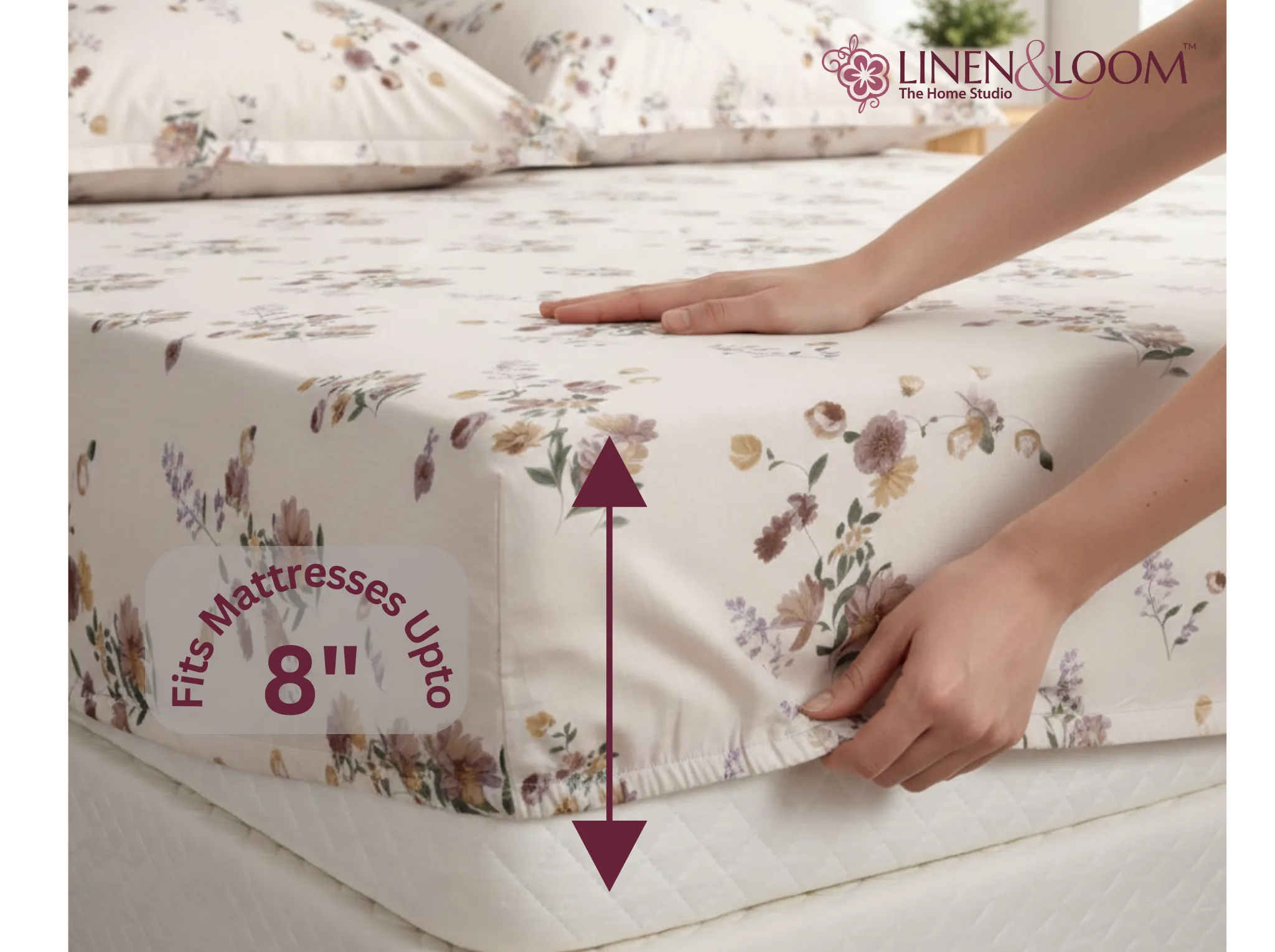 Rustic Bloom - Linen & Loom Pure Comfort Series 360° Elastic Fitted Bedsheet | Soft and Comfortable Bed Linen Set for a Cozy Bedroom | 200 TC | King Size 72x78 inches + 9 inches
