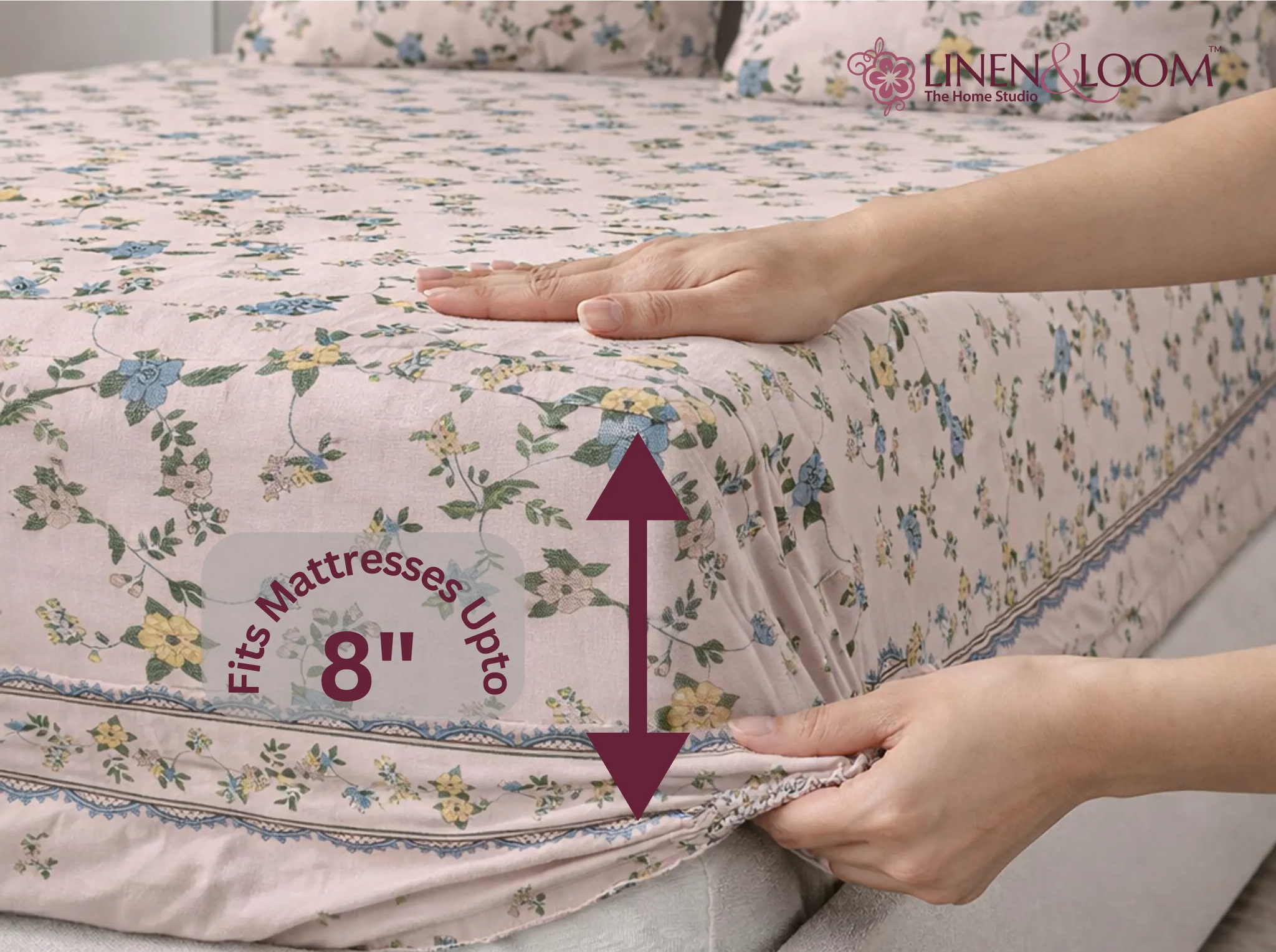Bloom Elegance - Linen & Loom Pure Comfort Series 360° Elastic Fitted Bedsheet | Soft and Comfortable Bed Linen Set for a Cozy Bedroom | 200 TC | King Size 72x78 inches + 9 inches