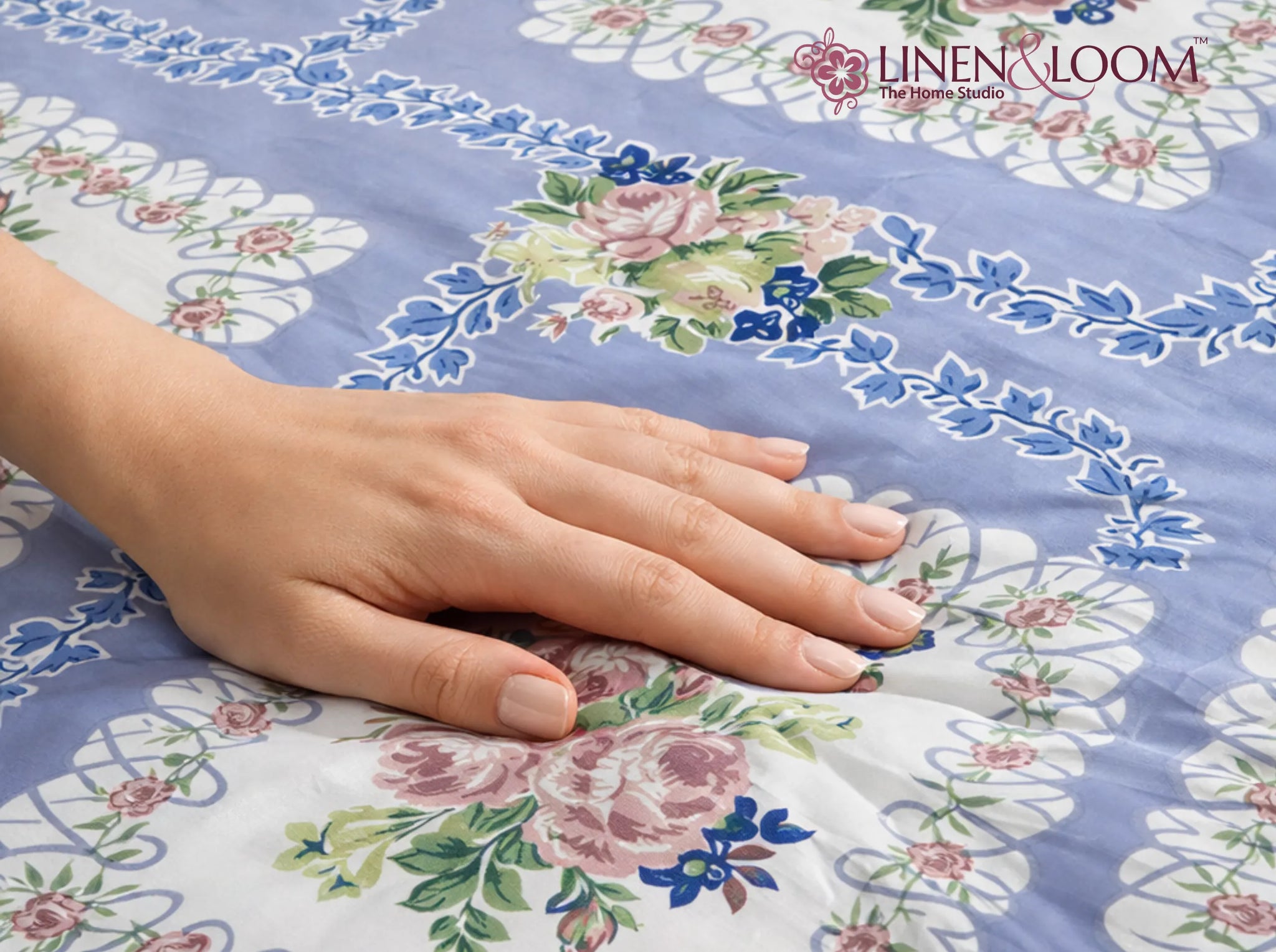 English Rose Lavender - Linen & Loom Natural Collection - Super King (100x108) 100% Pure Cotton Bedsheet with 2 Pillow Covers | Soft Breathable Bedspread for Home Decor | TC 240