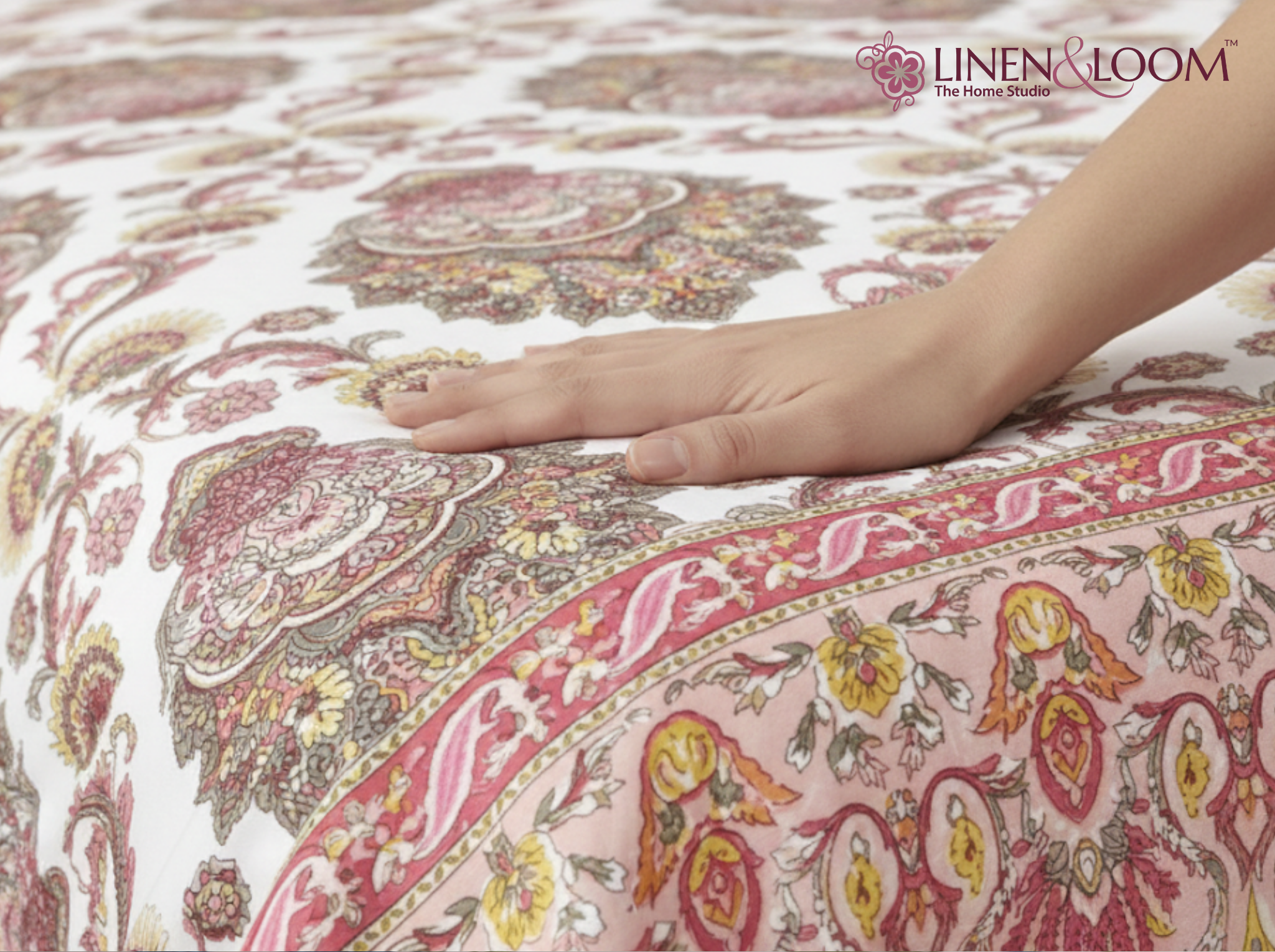 Maharani Muse-Peach — Linen & Loom Maharani Motifs Premium 100% Pure Cotton King Size (90x108) Double Bed Bedsheet with 2 Pillow Covers || Floral Printed Elegant Bedroom Bedding Set || 240 TC