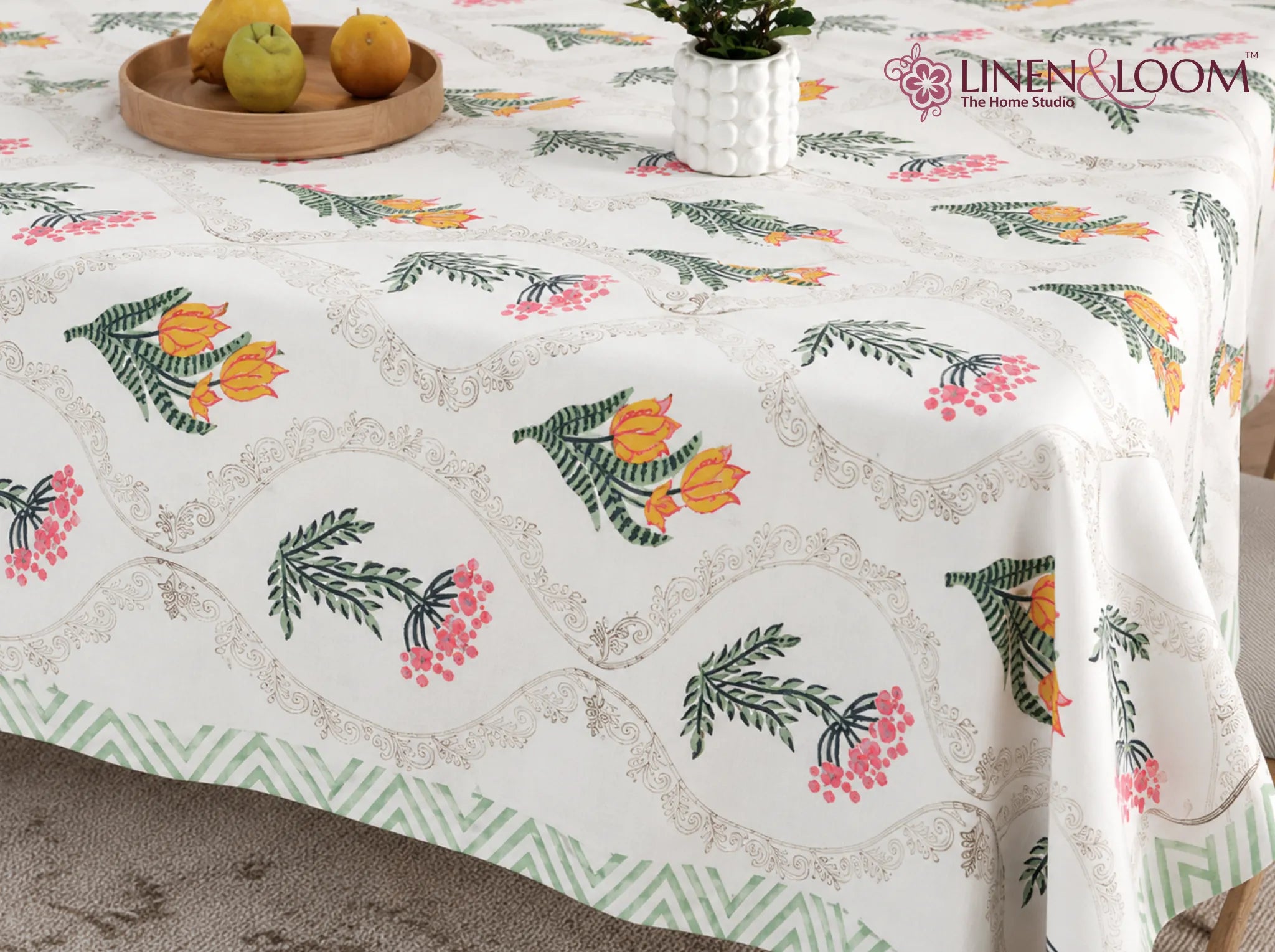 Heritage Bouquet - Linen & Loom Rajwada Heritage 6-Seater Table Cover | 100% Premium Cotton Slub | 200 TC | 160 GSM | 1.5 x 2.25 Meters