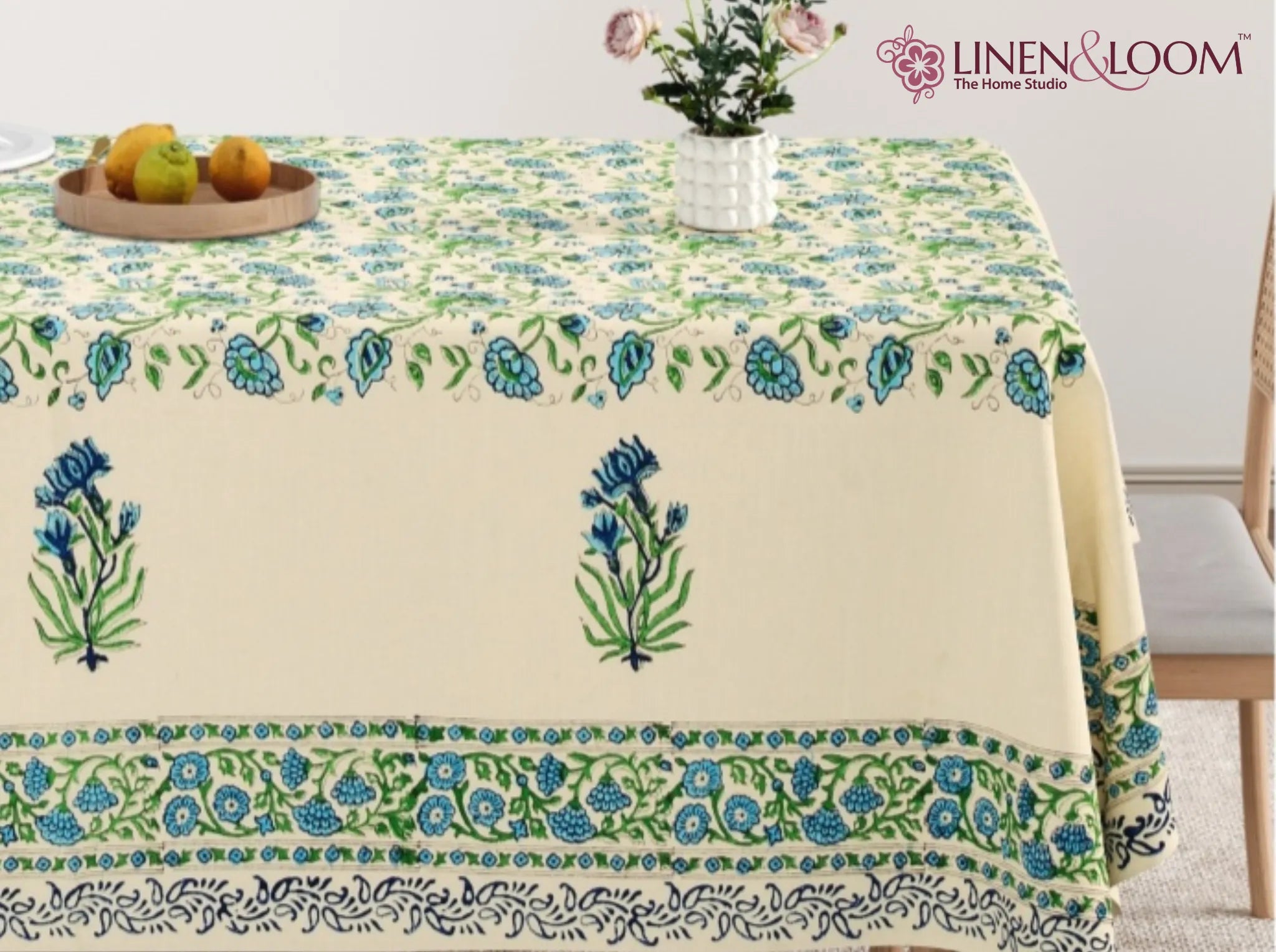 Jaipur Azure - Linen & Loom Rajwada Heritage 6-Seater Table Cover | 100% Premium Cotton Slub | 200 TC | 160 GSM | 1.5 x 2.25 Meters