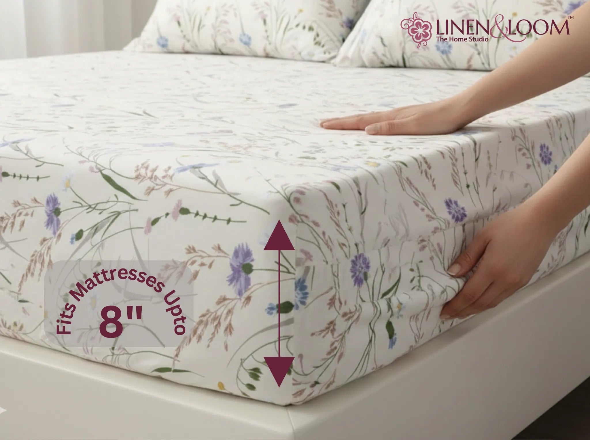 Ivory Wildflower - Linen & Loom Pure Comfort Series 360° Elastic Fitted Bedsheet | Soft and Comfortable Bed Linen Set for a Cozy Bedroom | 200 TC | King Size 72x78 inches + 9 inches